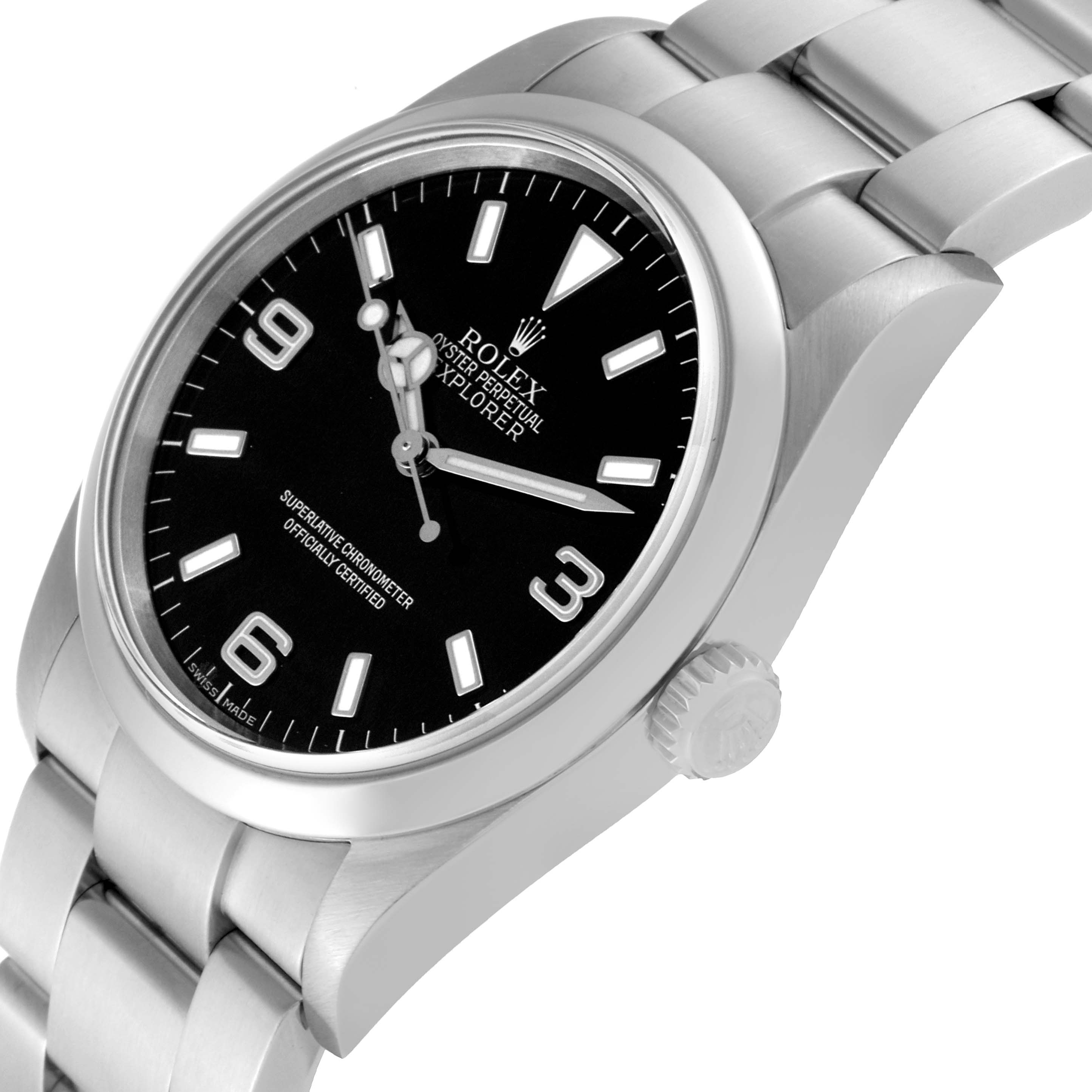 This image shows a close-up of the Rolex Explorer 114270 Men
s Stainless Steel Black Dial 114270 Men
s Stainless Steel Black Dial model watch, highlighting the dial, bezel, crown, and part of the bracelet.