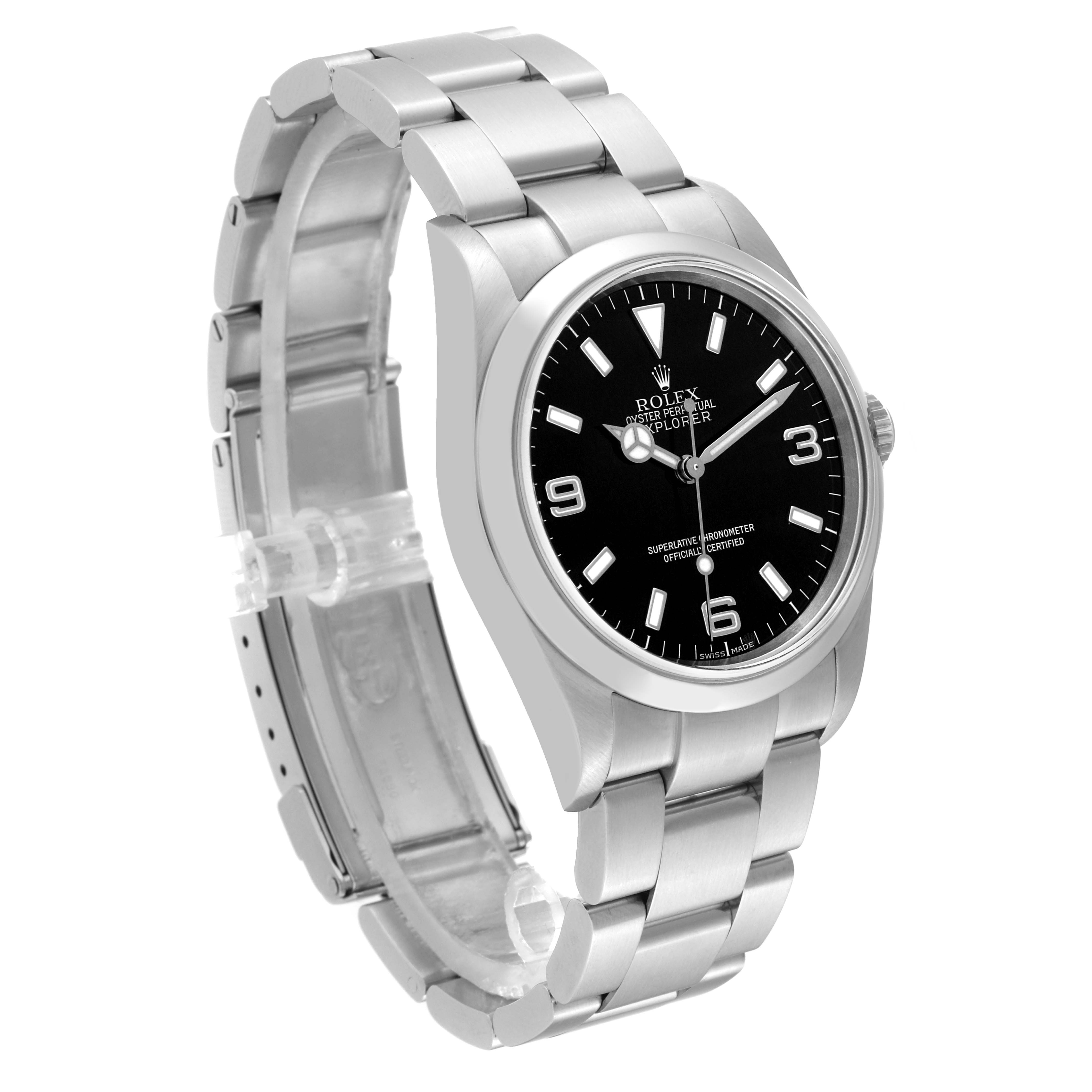 This image shows a Rolex Explorer 114270 Men
s Stainless Steel Black Dial 114270 Men
s Stainless Steel Black Dial model watch from a front-side angle, highlighting the face, bezel, and bracelet.