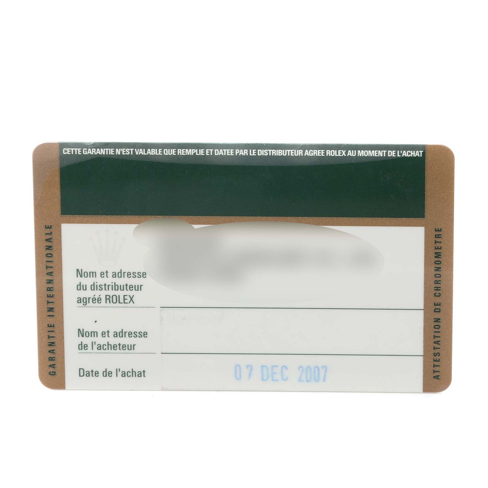 This image shows a guarantee card for a Rolex Explorer 114270 Men
s Stainless Steel Black Dial 114270 Men
s Stainless Steel Black Dial watch, dated 07 Dec 2007.