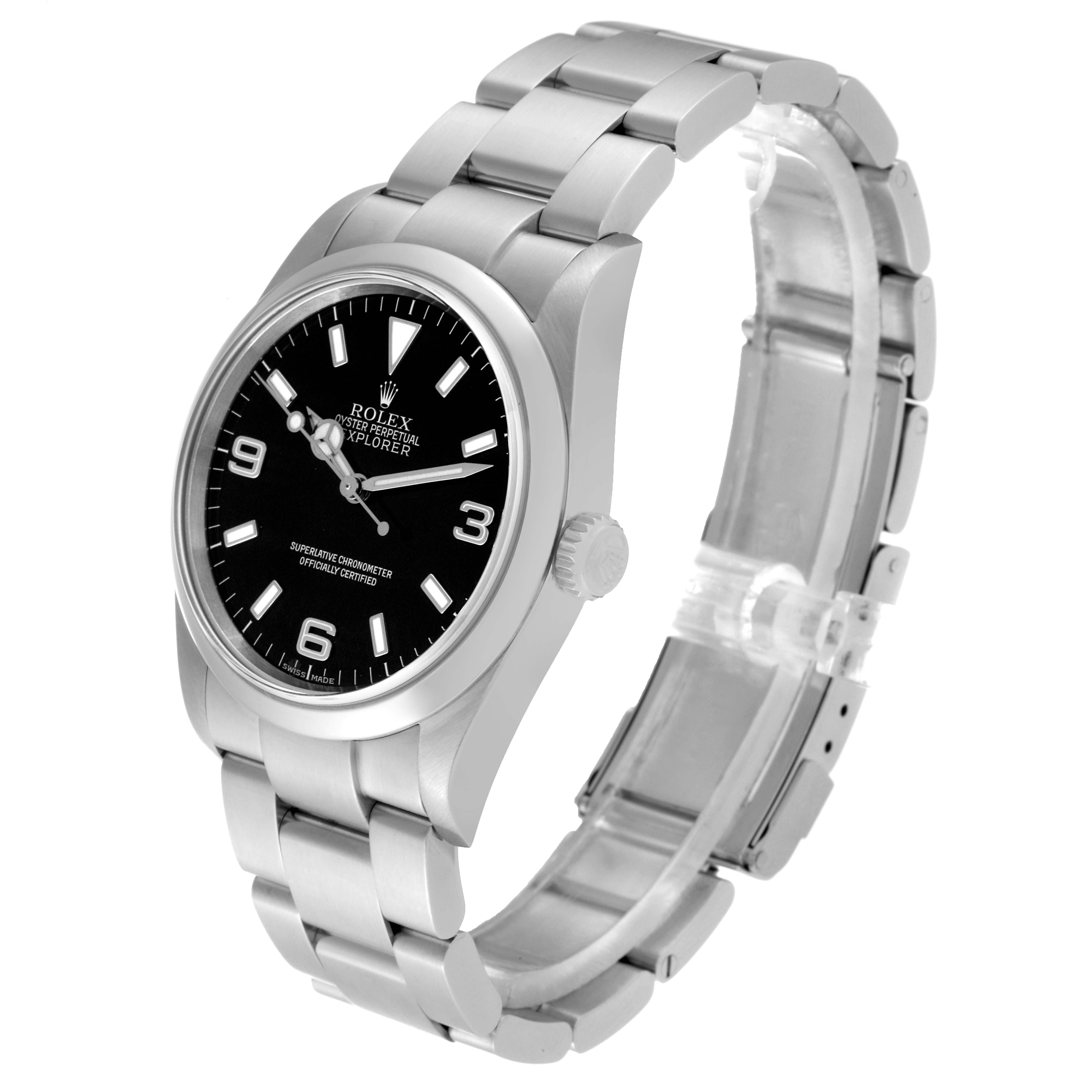 The image shows a side angle view of the Rolex Explorer 114270 Men
s Stainless Steel Black Dial 114270 Men
s Stainless Steel Black Dial watch, highlighting its dial, bezel, crown, and bracelet.