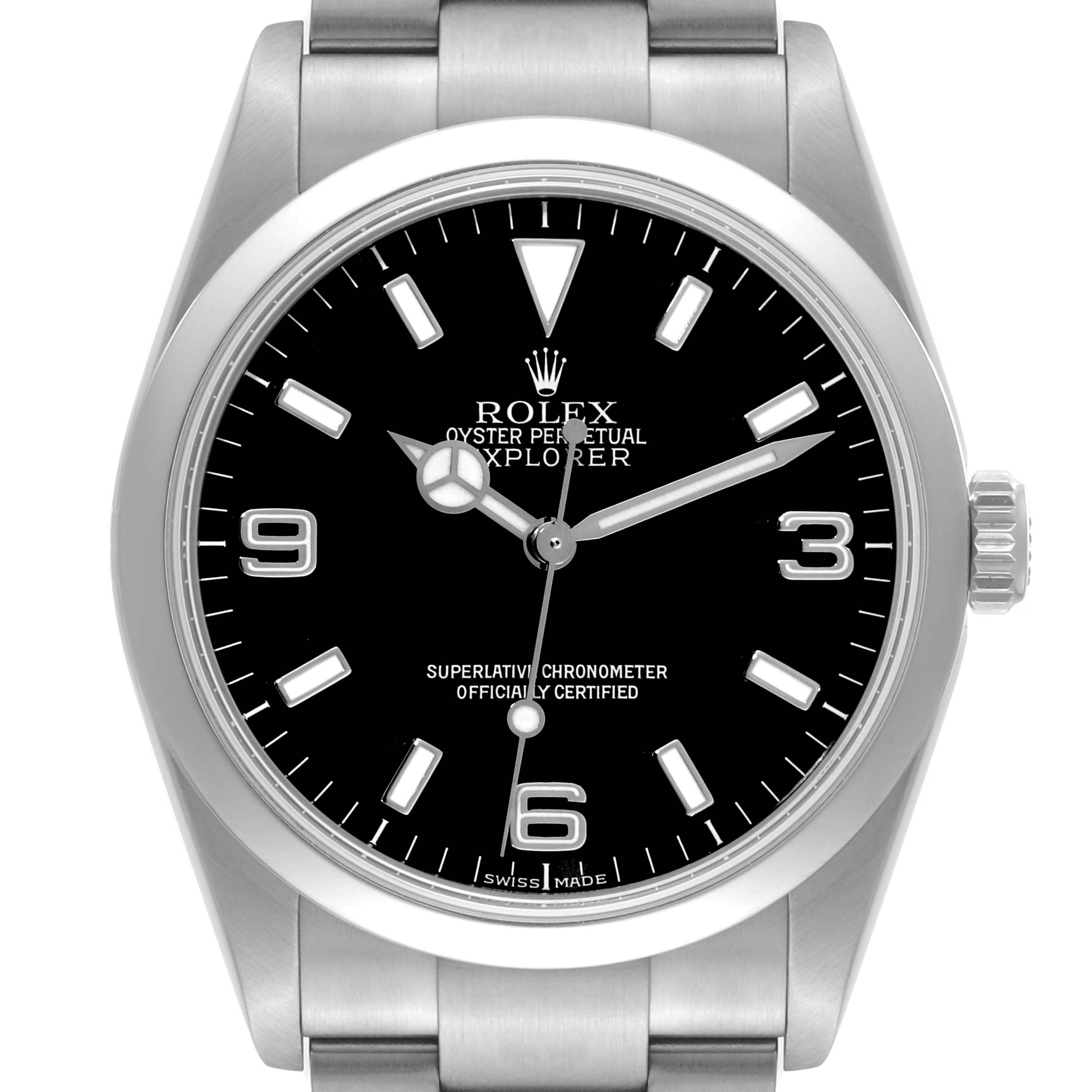The image shows a front view of the Rolex Explorer 114270 Men
s Stainless Steel Black Dial 114270 Men
s Stainless Steel Black Dial model watch, displaying its dial, bezel, and part of its bracelet.