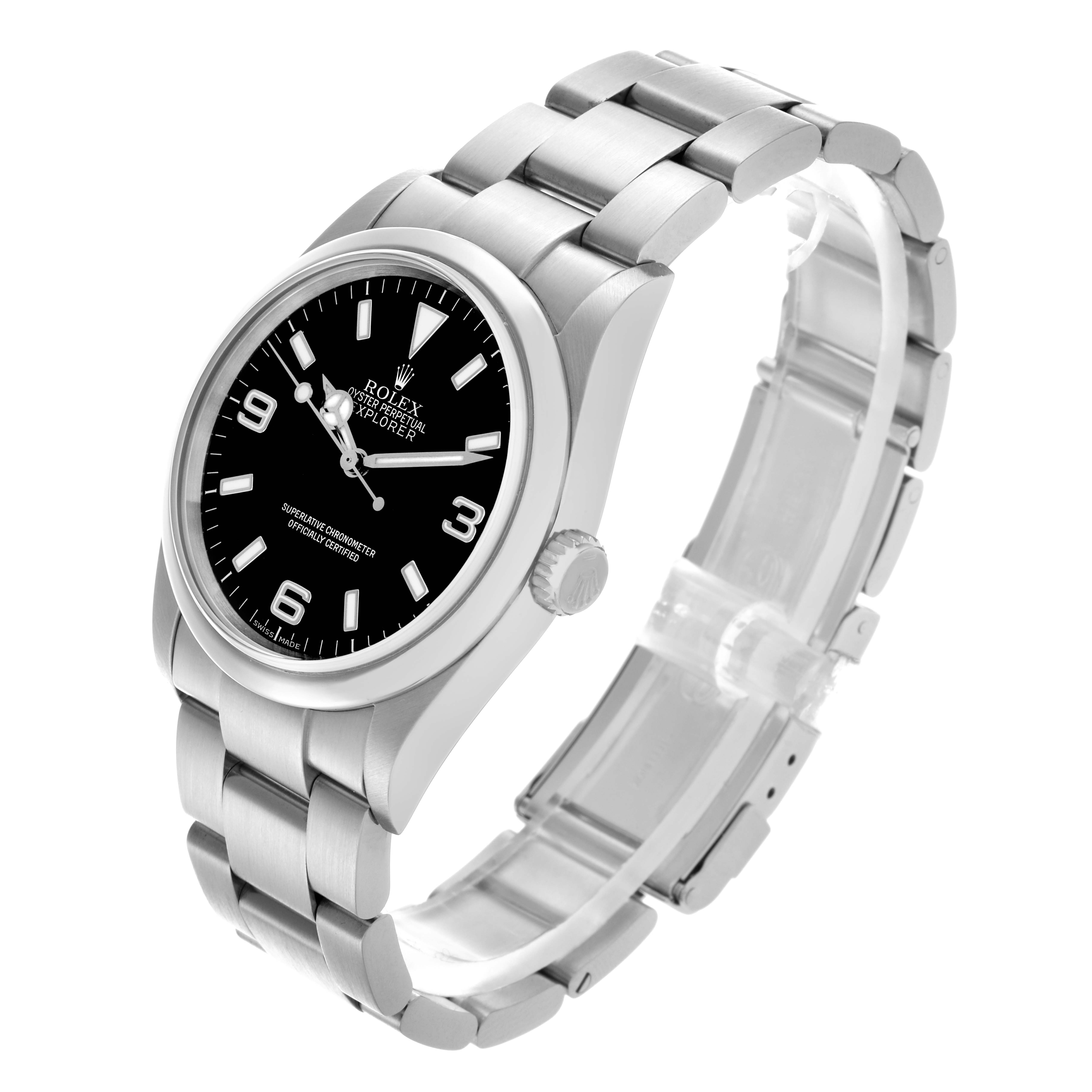 The Rolex Explorer 114270 Men
s Stainless Steel Black Dial 114270 Men
s Stainless Steel Black Dial is shown at a three-quarter angle, displaying the face, crown, and full bracelet.