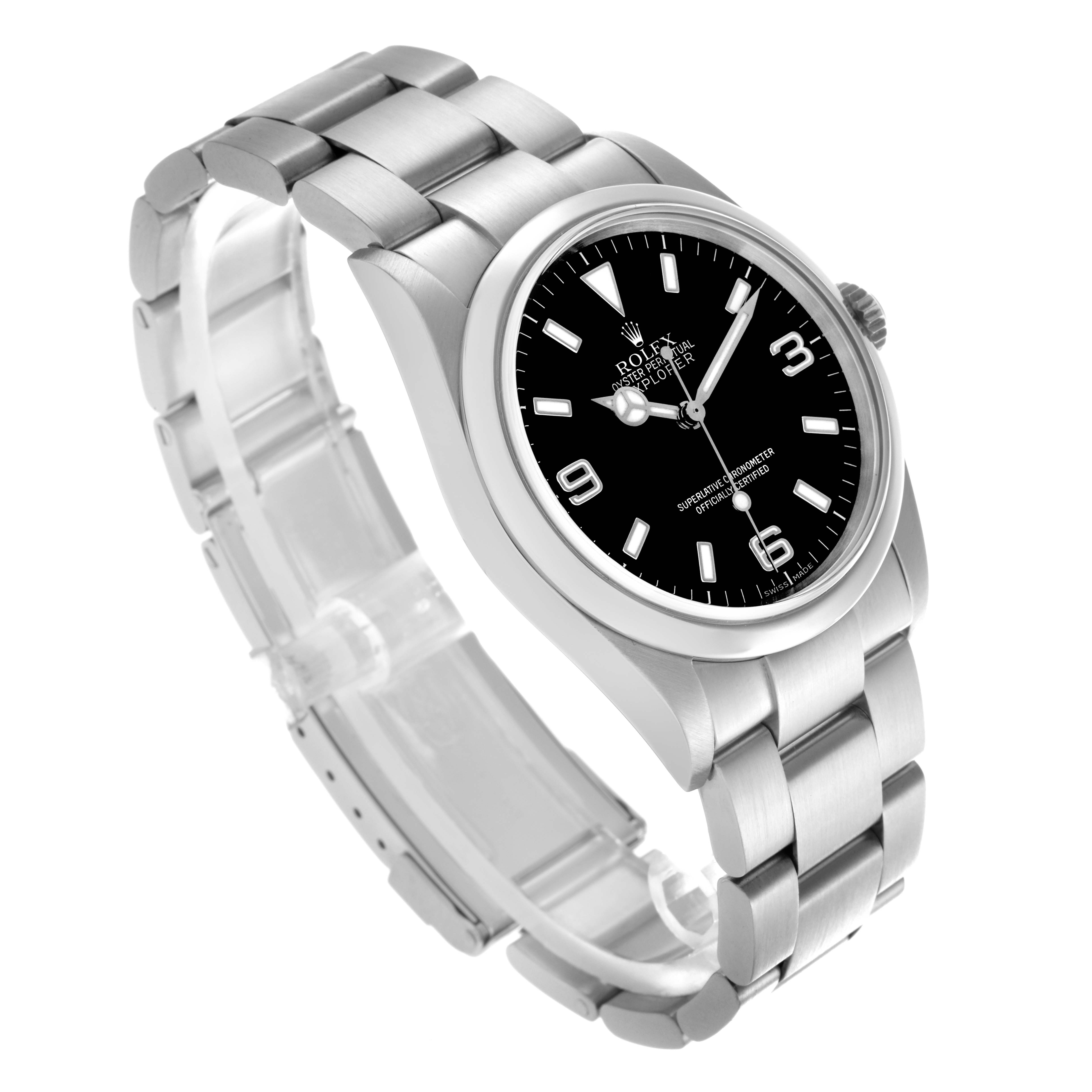 The Rolex Explorer 114270 Men
s Stainless Steel Black Dial 114270 Men
s Stainless Steel Black Dial watch is shown at a slight angle, highlighting the face, bezel, crown, and bracelet.