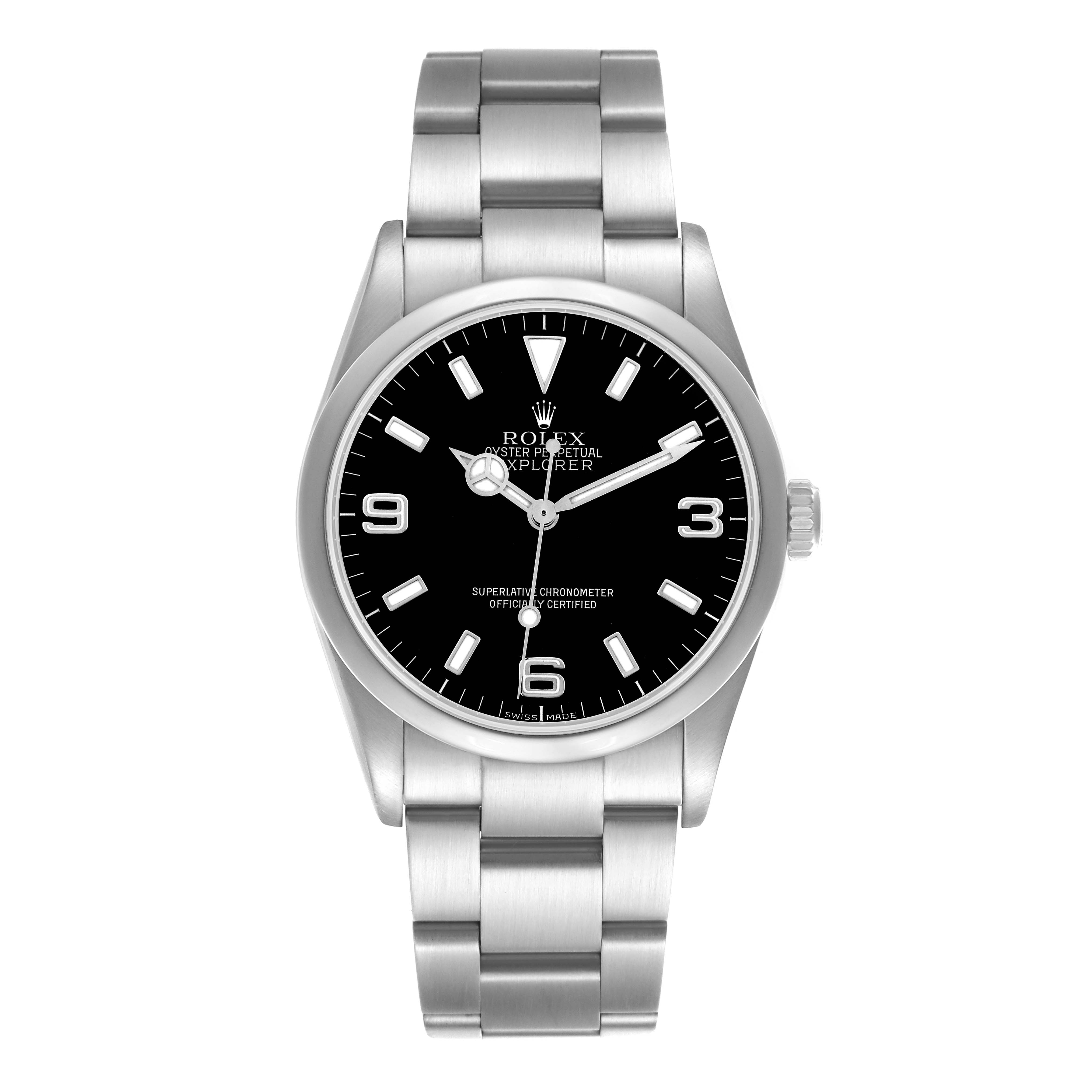 The Rolex Explorer 114270 Men
s Stainless Steel Black Dial 114270 Men
s Stainless Steel Black Dial watch is shown from a front angle, displaying its black dial and metal bracelet.