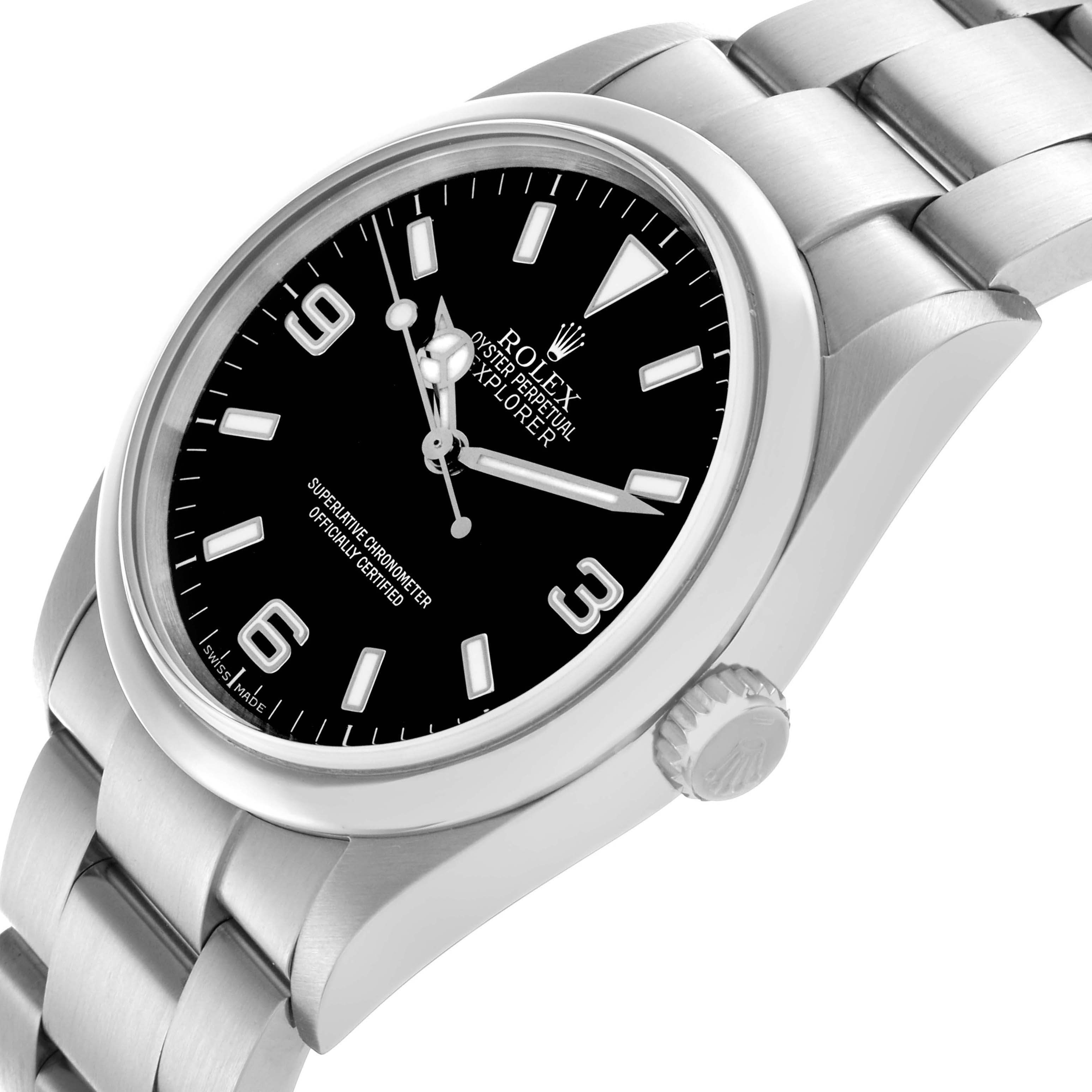 The Rolex Explorer 114270 Men
s Stainless Steel Black Dial 114270 Men
s Stainless Steel Black Dial is shown at a slight angle, displaying the watch face, bezel, crown, and part of the bracelet.