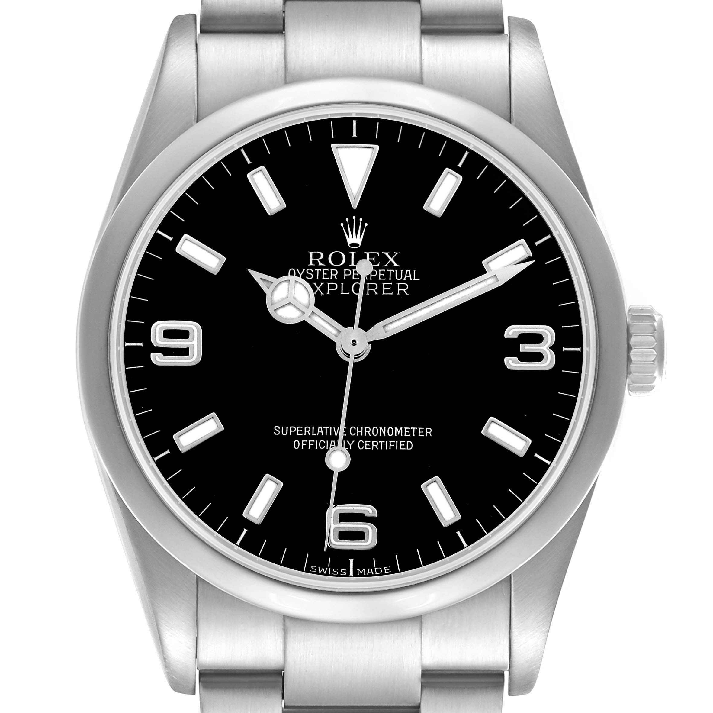 The Rolex Explorer 114270 Men
s Stainless Steel Black Dial 114270 Men
s Stainless Steel Black Dial watch is shown from a straight-on angle, highlighting the dial, bezel, and crown.