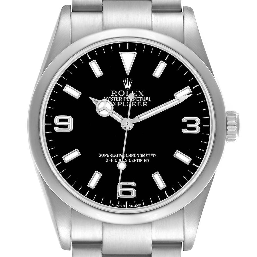 The Rolex Explorer watch is shown from a straight-on angle, highlighting the dial, bezel, and crown.