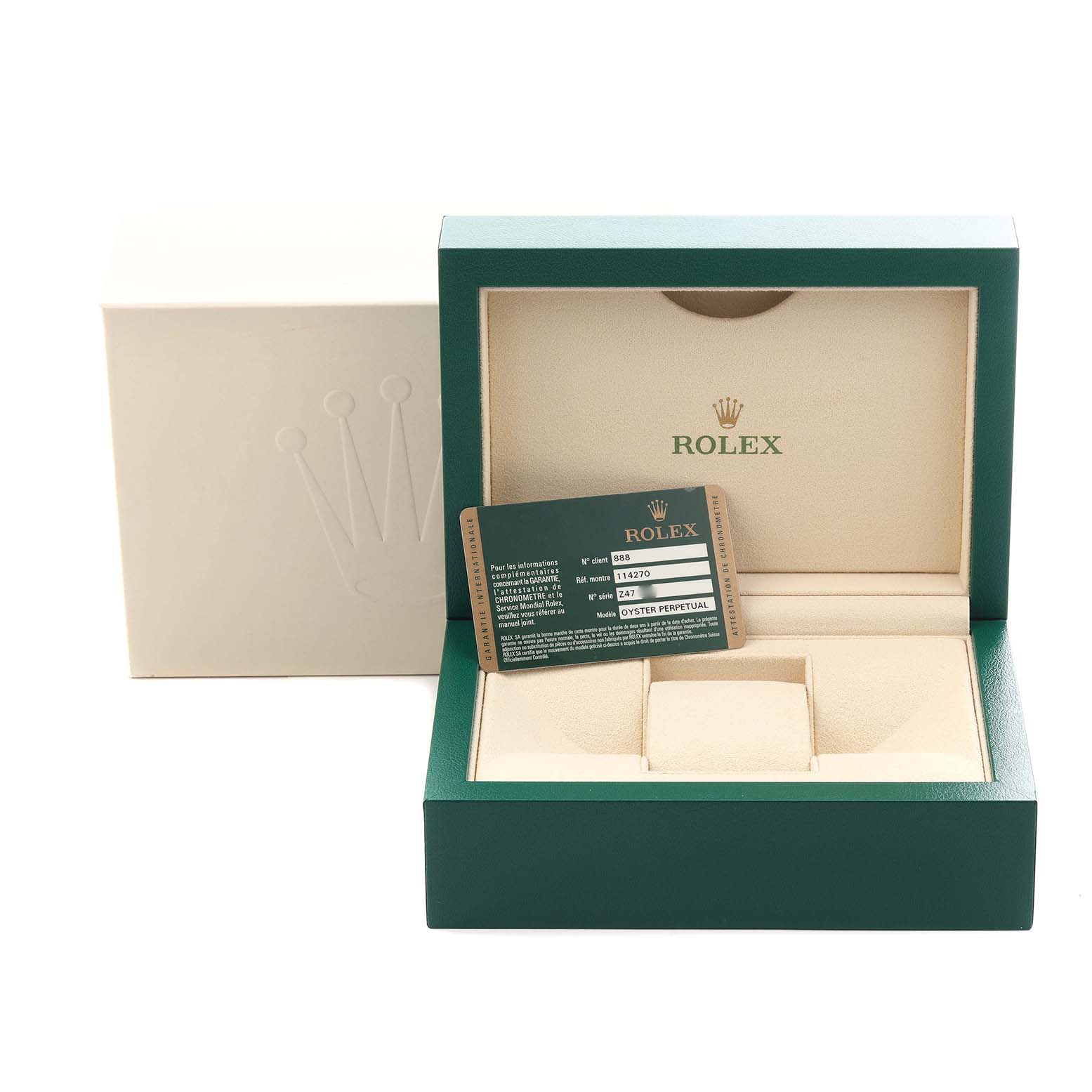The image shows the open box for a Rolex Explorer 114270 Men
s Stainless Steel Black Dial 114270 Men
s Stainless Steel Black Dial watch, with a certification card displayed inside.