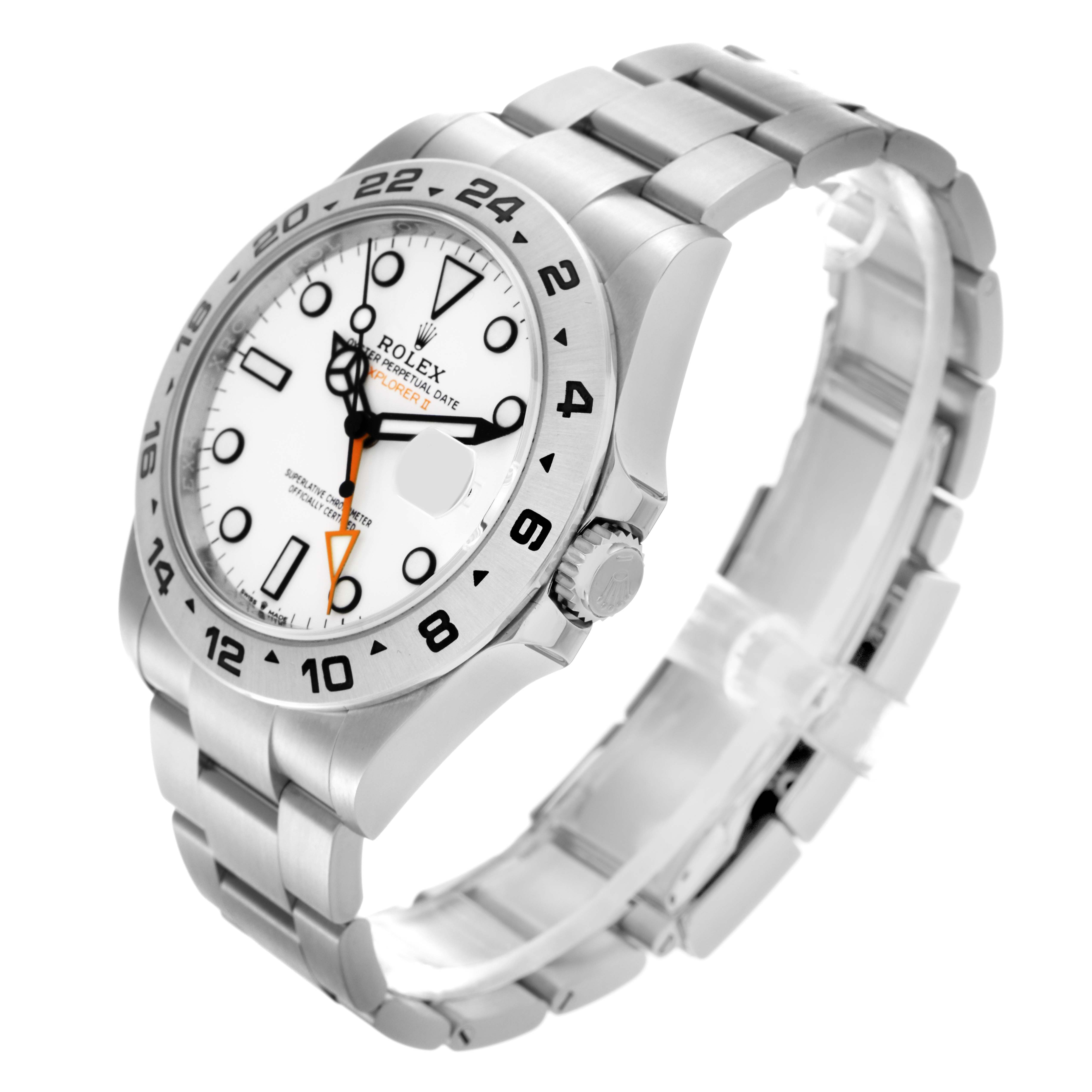 The Rolex Explorer 226570 Men
s Stainless Steel White Dial 226570 Men
s Stainless Steel White Dial watch is shown at a three-quarter angle, highlighting the face, bezel, crown, and bracelet.
