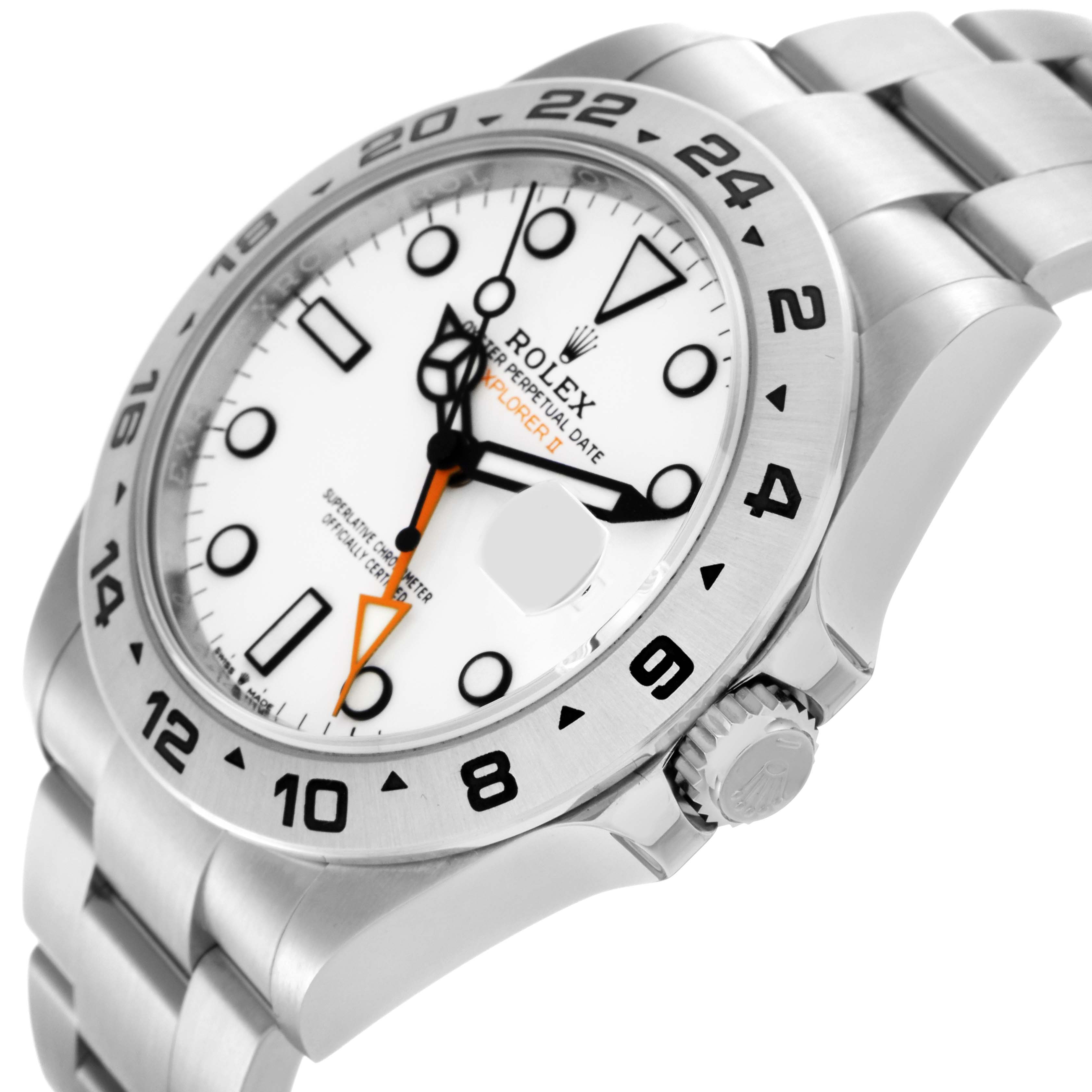 The Rolex Explorer 226570 Men
s Stainless Steel White Dial 226570 Men
s Stainless Steel White Dial watch is shown from a side angle displaying the dial, bezel, crown, and bracelet.