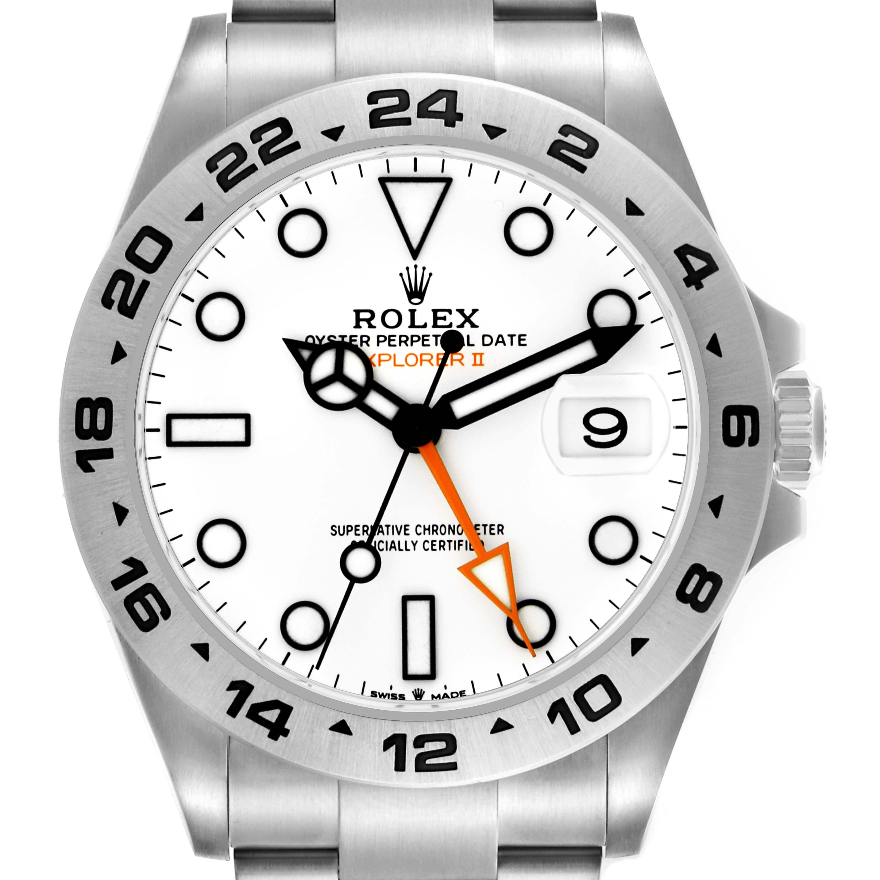 The Rolex Explorer 226570 Men
s Stainless Steel White Dial 226570 Men
s Stainless Steel White Dial watch is shown from a front angle, displaying its dial, hands, bezel, and crown.