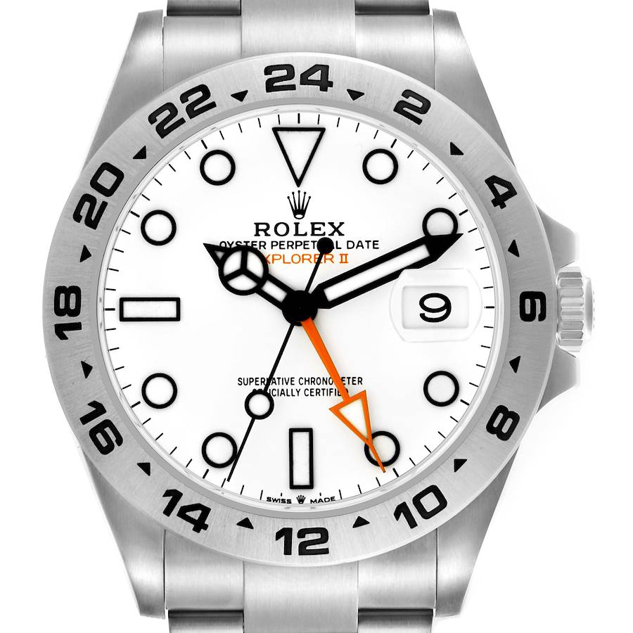 The Rolex Explorer II watch is shown from a front angle, displaying its dial, hands, bezel, and crown.