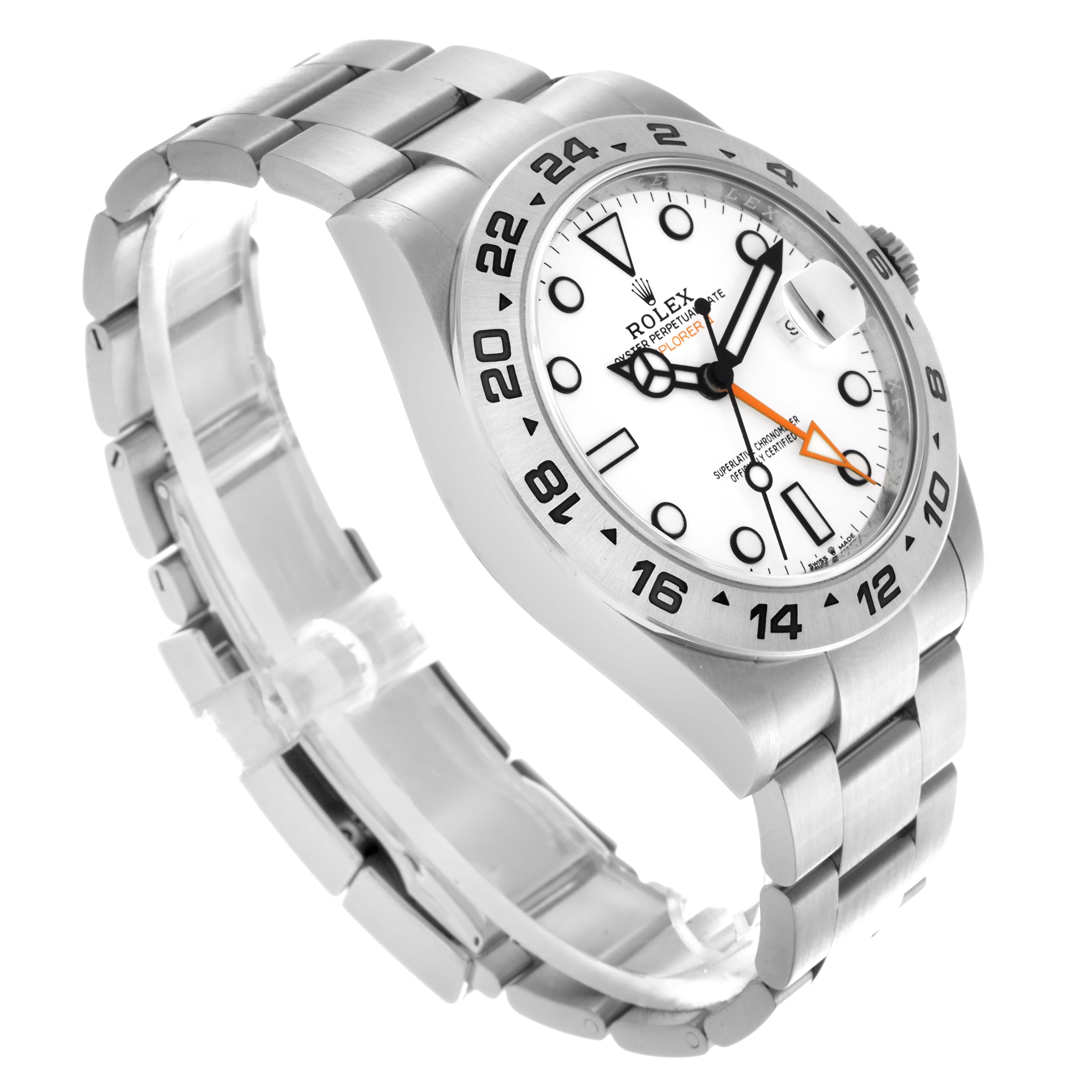 The Rolex Explorer 226570 Men
s Stainless Steel White Dial 226570 Men
s Stainless Steel White Dial watch is shown from an angled top-side view, highlighting the dial, bezel, and metal bracelet.