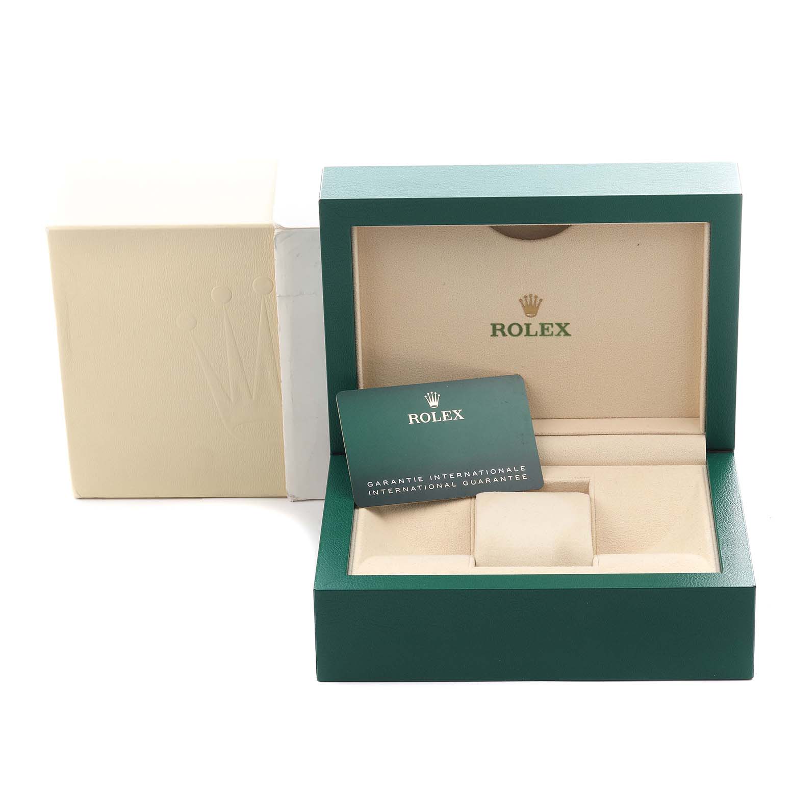 The image shows a Rolex Explorer 226570 Men
s Stainless Steel White Dial 226570 Men
s Stainless Steel White Dial watch box set, including the box, international guarantee card, and card-holder, viewed from the front.