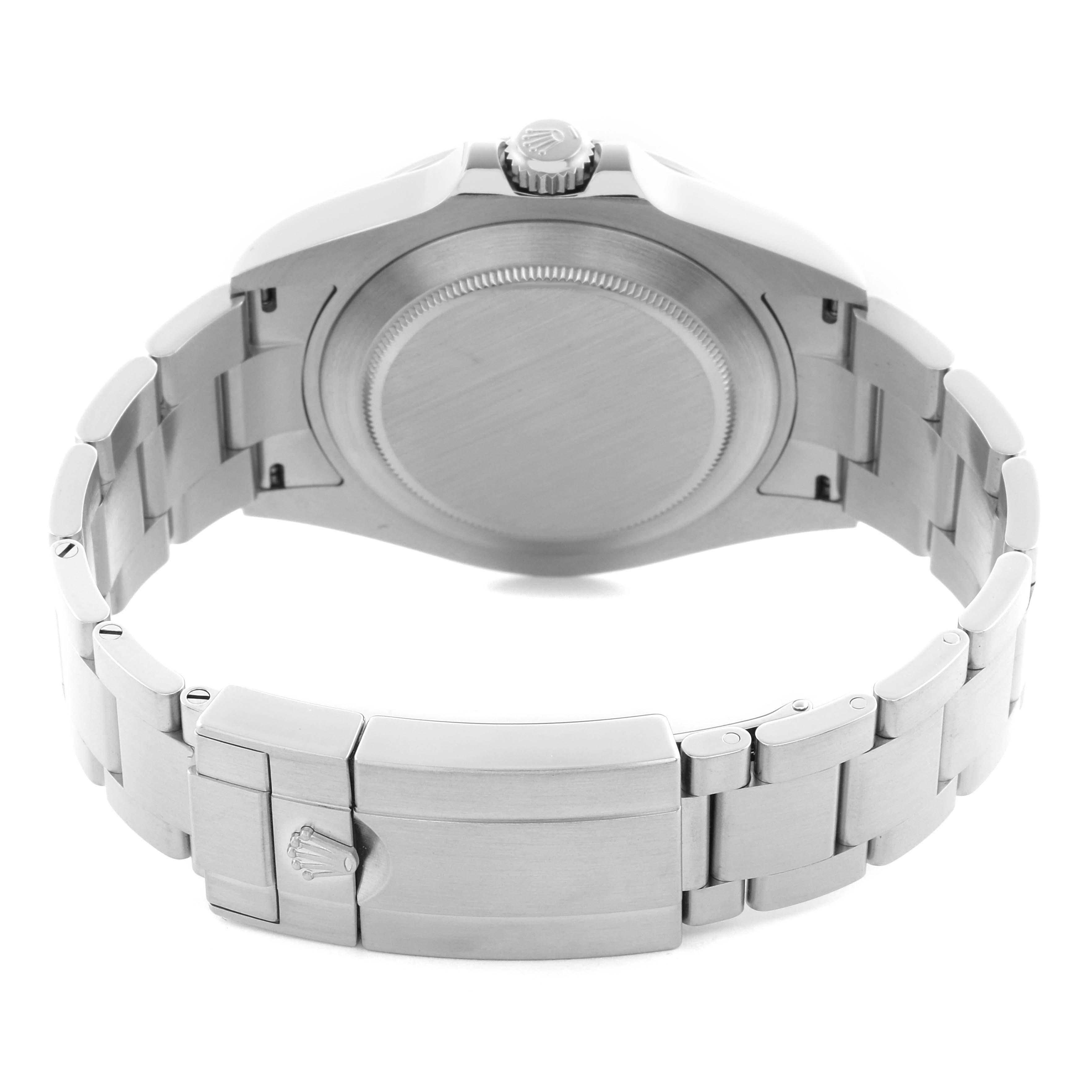 The image shows the back of a Rolex Explorer 226570 Men
s Stainless Steel White Dial 226570 Men
s Stainless Steel White Dial watch, highlighting the clasp, bracelet, and case back.
