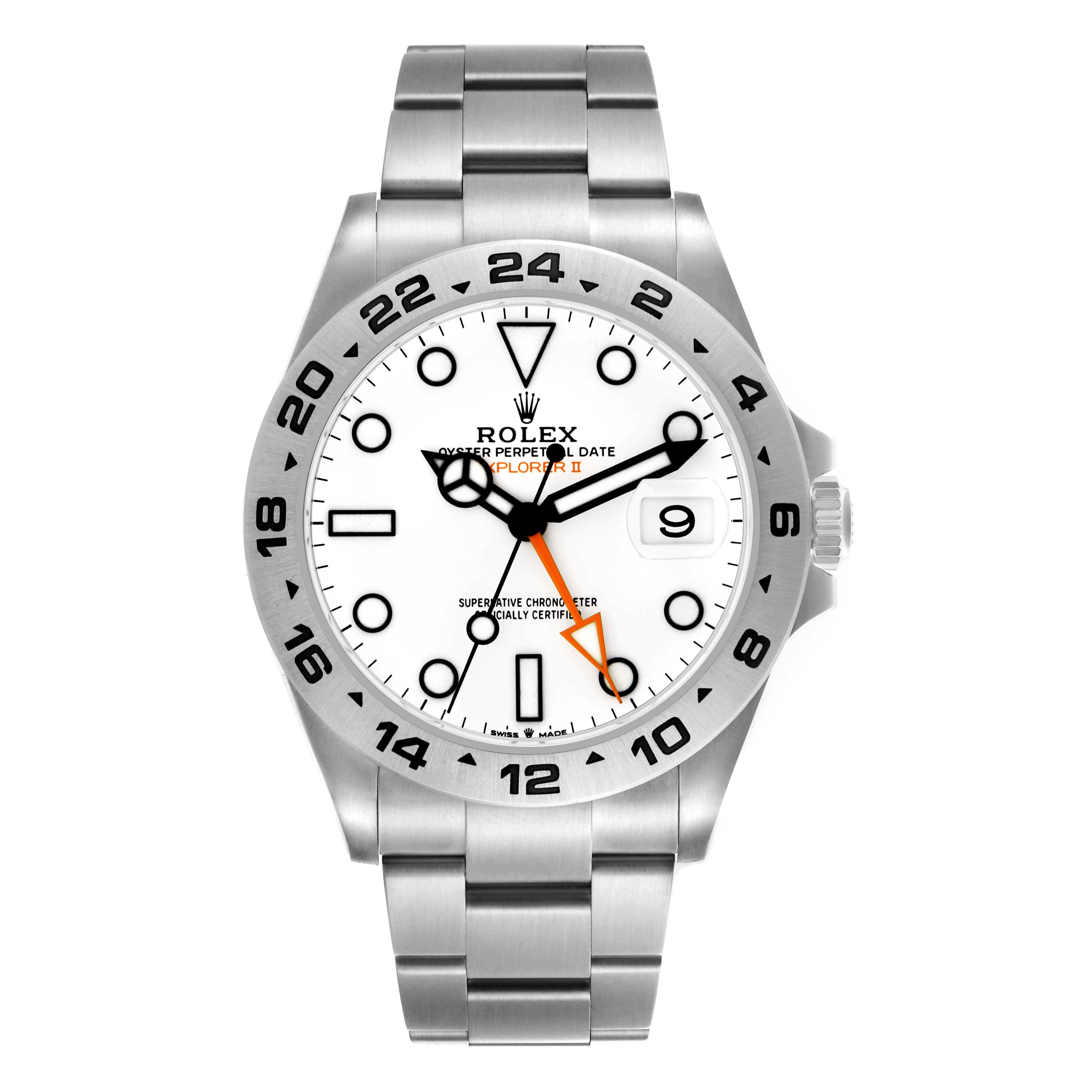 The Rolex Explorer 226570 Men
s Stainless Steel White Dial 226570 Men
s Stainless Steel White Dial model is shown from the front, highlighting its dial, bezel, crown, and bracelet.