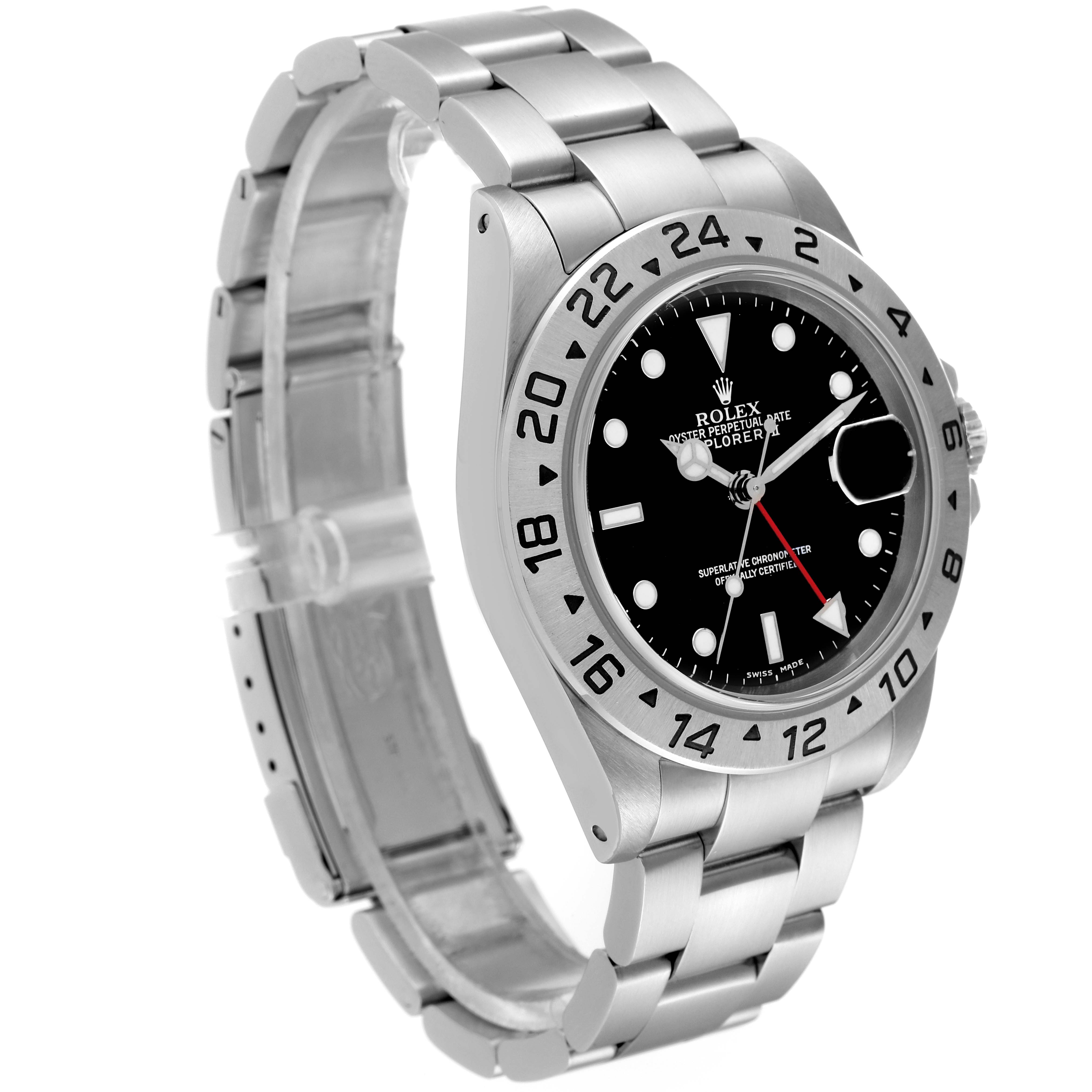 The Rolex Explorer 16570 Men's Stainless Steel Black Dial 16570 Men's Stainless Steel Black Dial watch is shown at a slight angle, displaying the face, bezel, and part of the stainless steel bracelet.