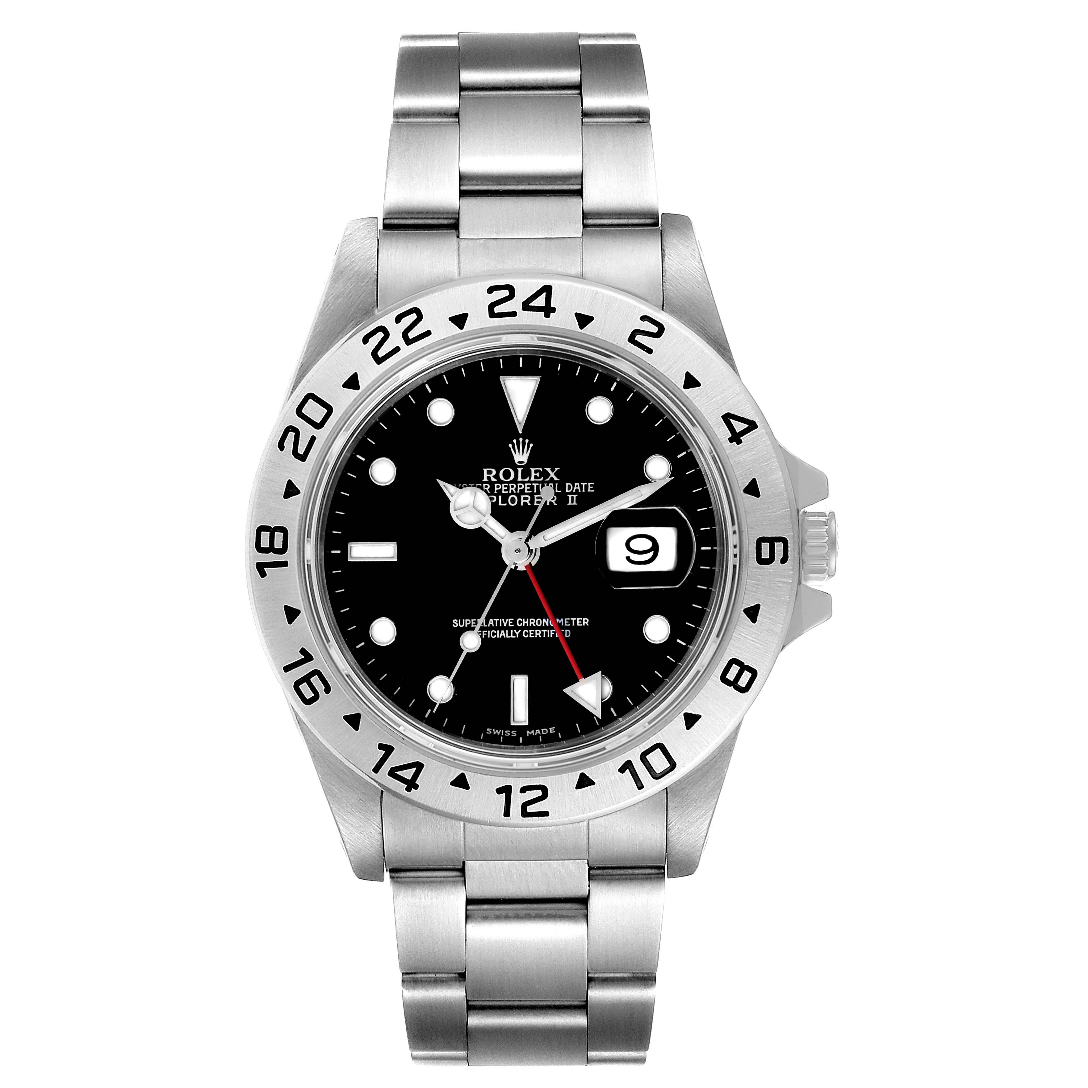 The image shows a front view of a Rolex Explorer 16570 Men's Stainless Steel Black Dial 16570 Men's Stainless Steel Black Dial model watch with a stainless steel bracelet and a black dial.
