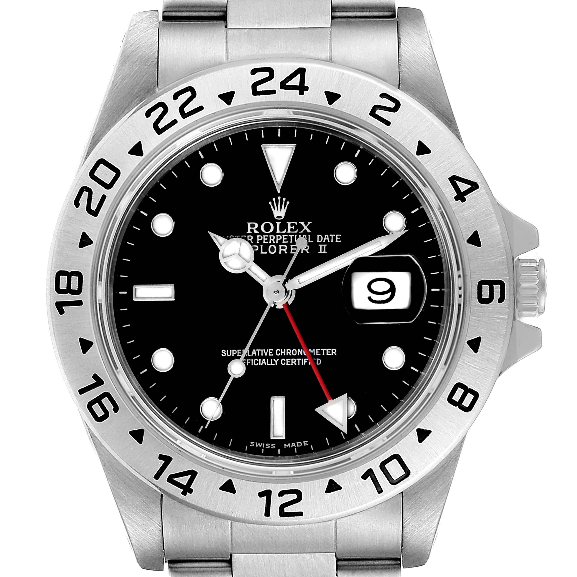 This image shows a frontal view of the Rolex Explorer 16570 Men's Stainless Steel Black Dial 16570 Men's Stainless Steel Black Dial watch, displaying the dial, bezel, crown, and part of the stainless steel bracelet.