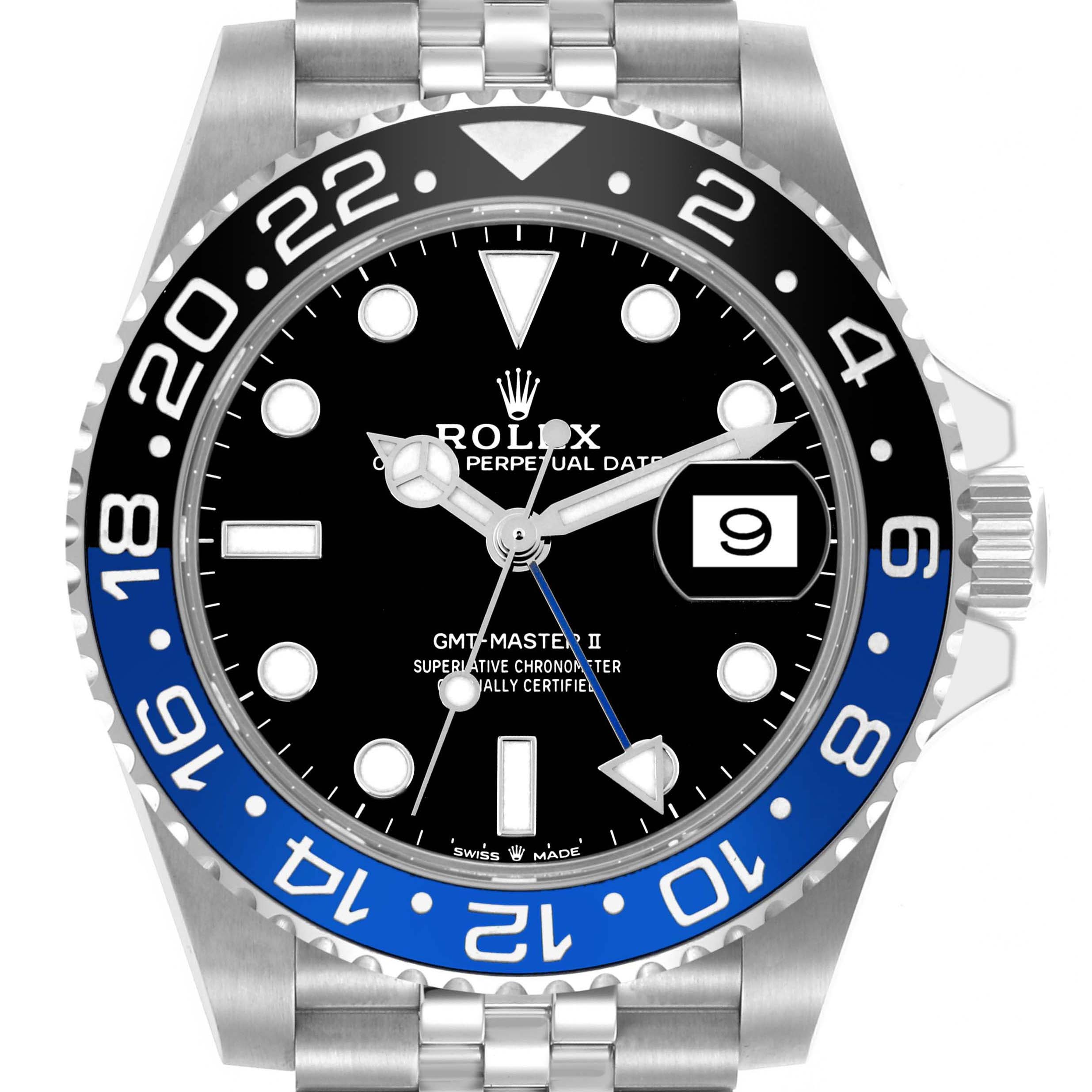 The Rolex GMT-Master 126710BLNR Men
s Stainless Steel Black Dial 126710BLNR Men
s Stainless Steel Black Dial II watch is shown from a front angle, highlighting its face, bezel, and part of the bracelet.