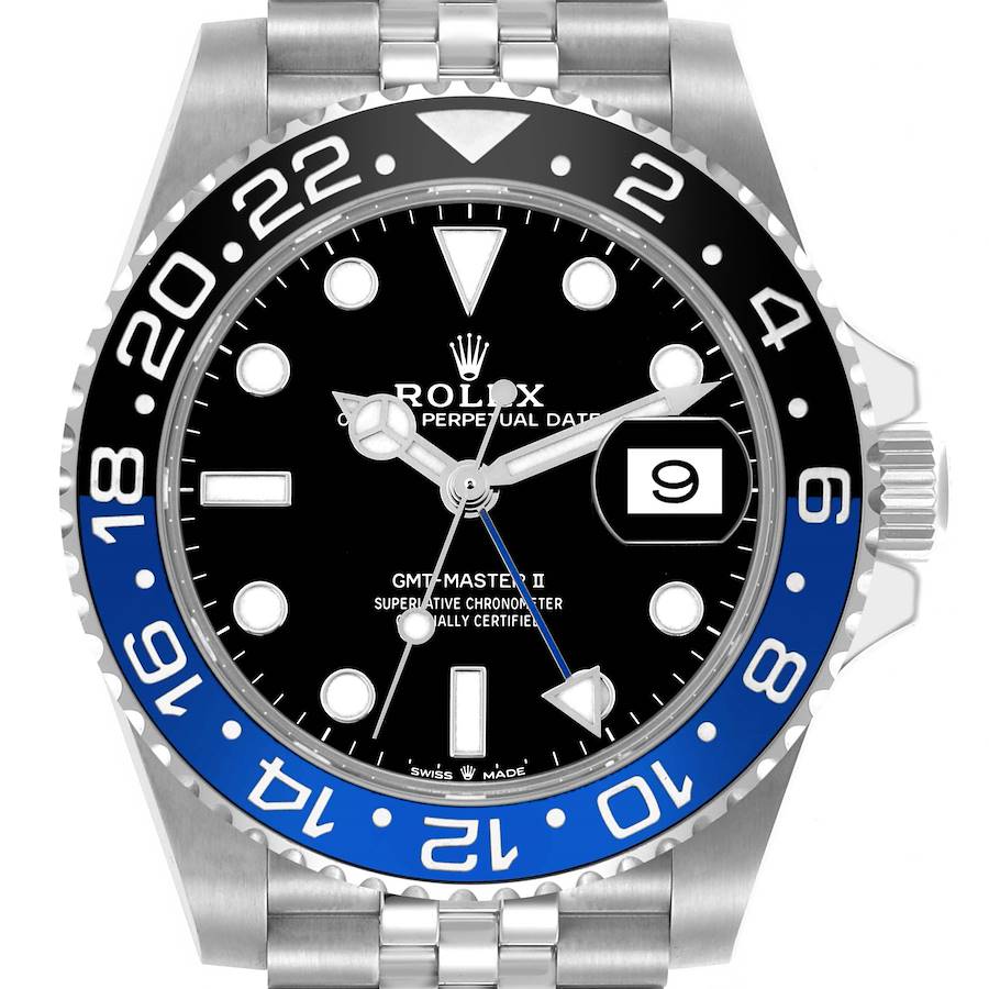 The Rolex GMT-Master II watch is shown from a front angle, highlighting its face, bezel, and part of the bracelet.