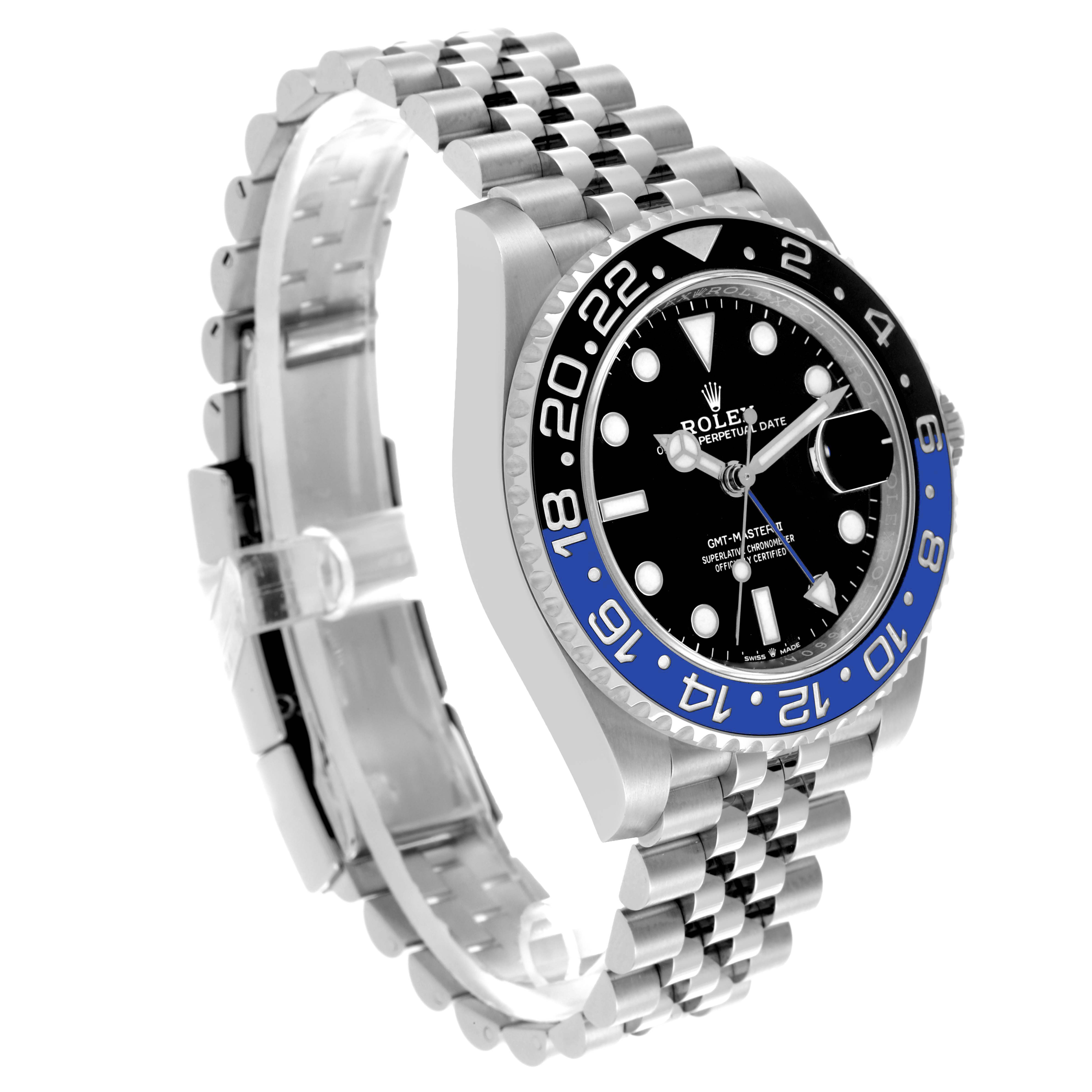 The Rolex GMT-Master 126710BLNR Men
s Stainless Steel Black Dial 126710BLNR Men
s Stainless Steel Black Dial watch is angled showing its face, bezel with blue and black accents, and part of the bracelet.