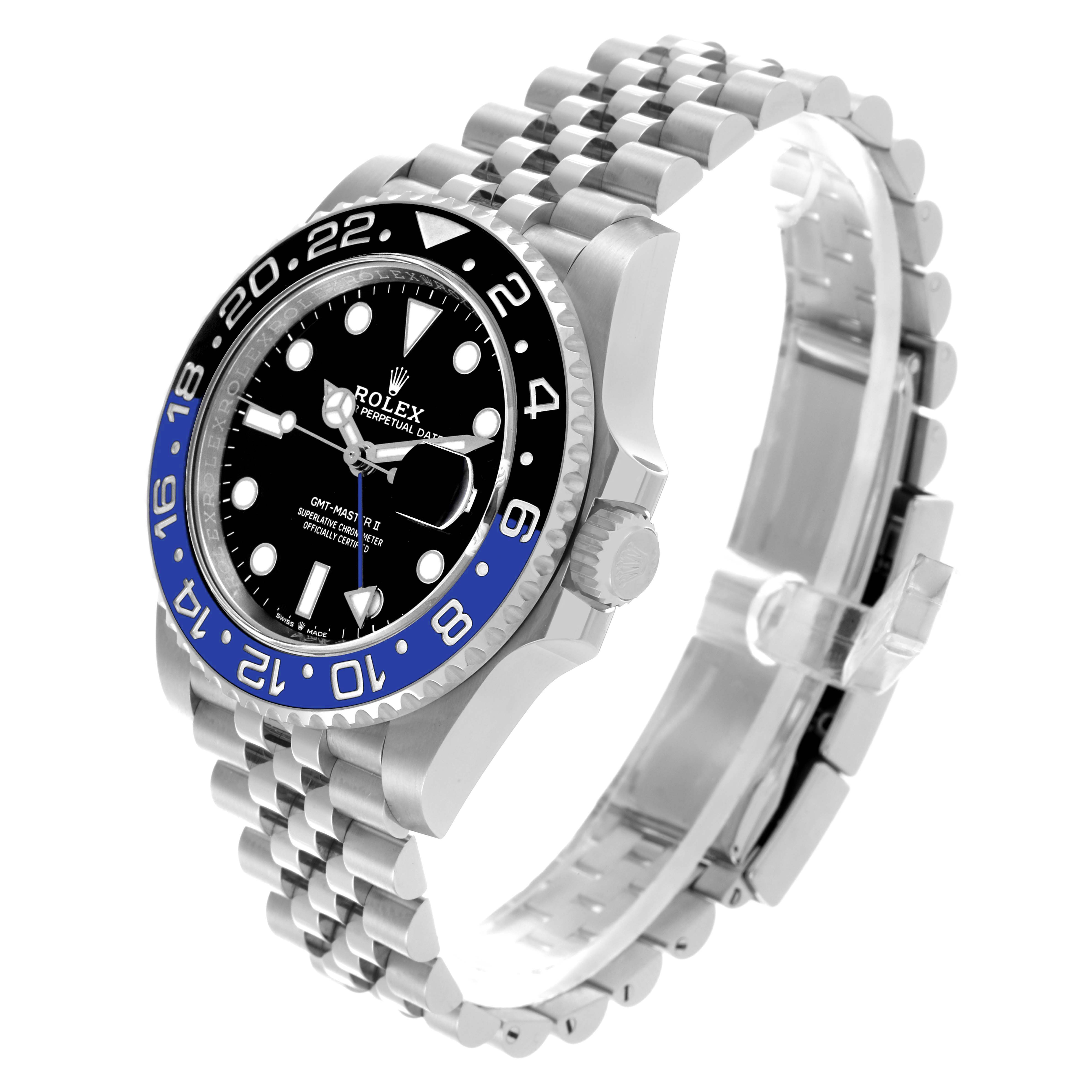 The Rolex GMT-Master 126710BLNR Men
s Stainless Steel Black Dial 126710BLNR Men
s Stainless Steel Black Dial watch is shown at a three-quarter angle, displaying the dial, bezel, crown, and jubilee bracelet.