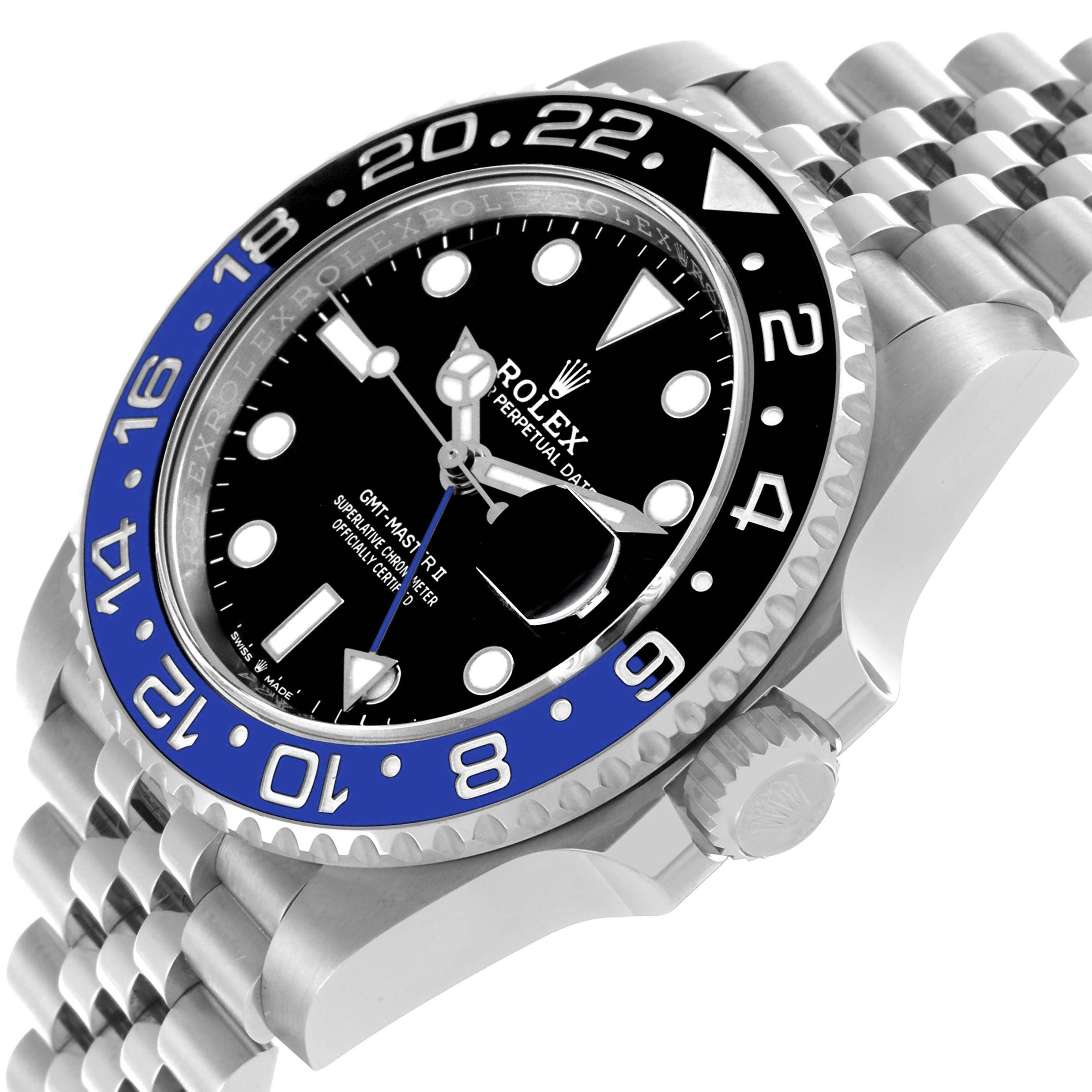 The Rolex GMT-Master 126710BLNR Men
s Stainless Steel Black Dial 126710BLNR Men
s Stainless Steel Black Dial watch is shown at an angle highlighting the bezel, crown, and bracelet.