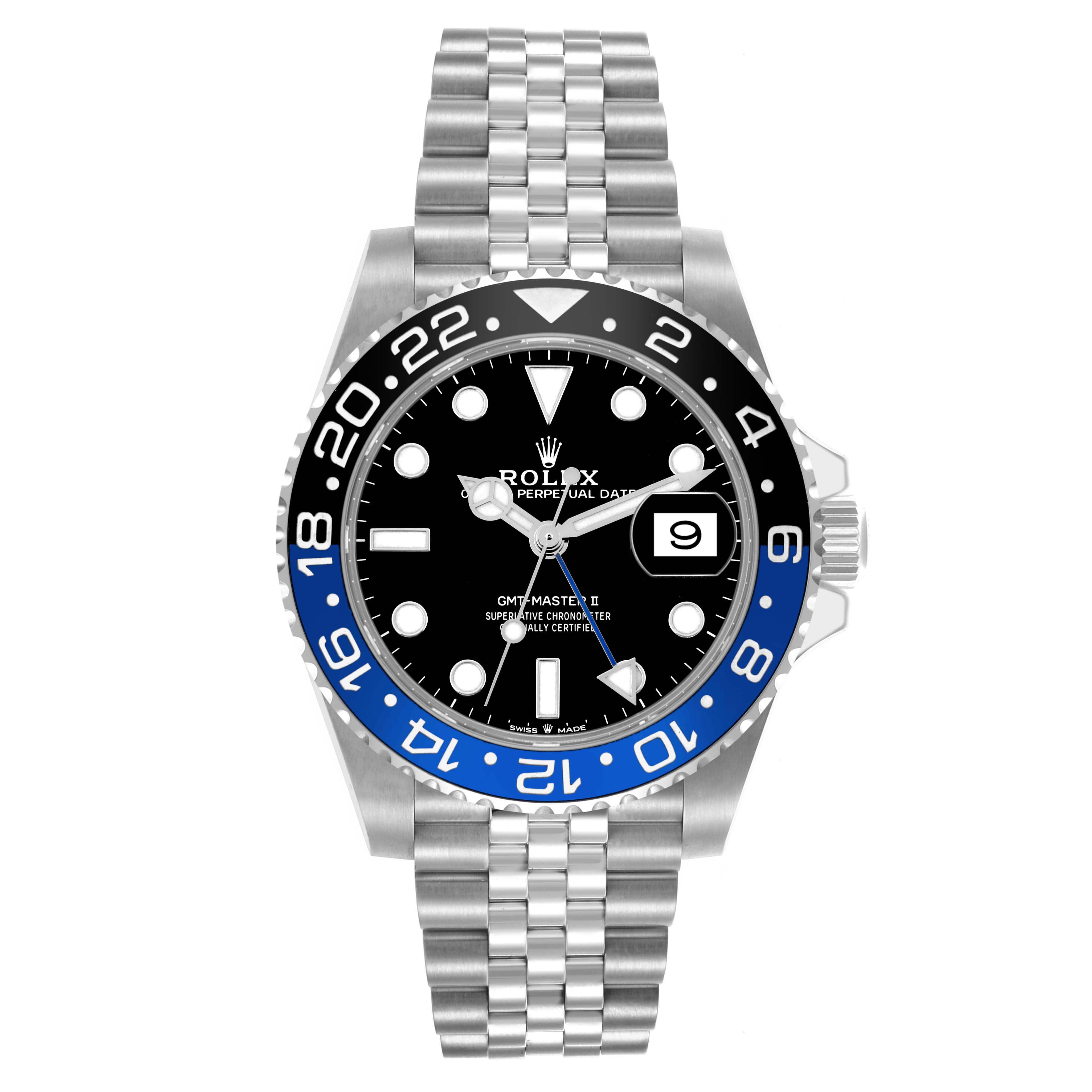 The Rolex GMT-Master 126710BLNR Men
s Stainless Steel Black Dial 126710BLNR Men
s Stainless Steel Black Dial watch is shown from the front, displaying its dial, bezel, and bracelet.