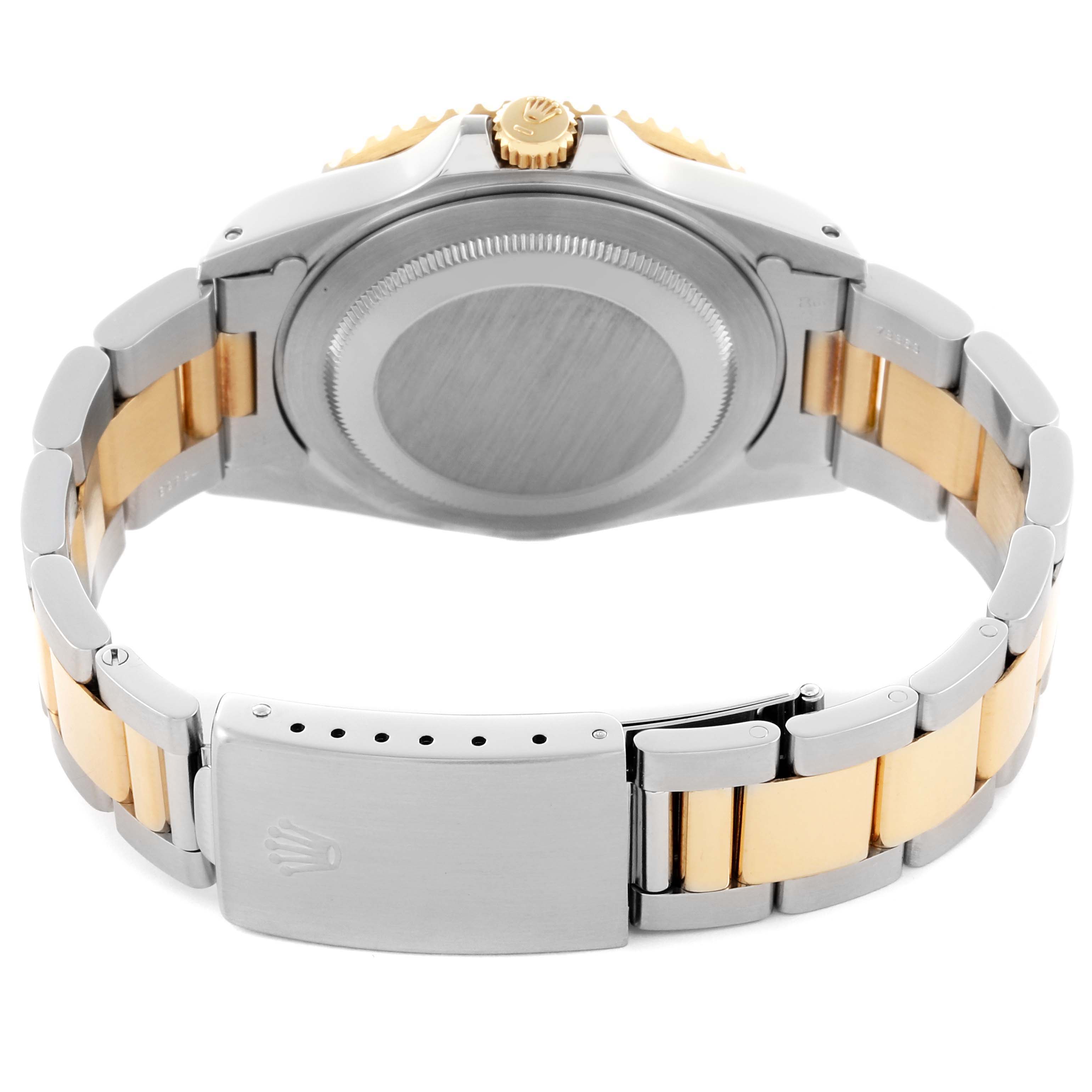 The image shows the back and side of a Rolex GMT-Master 16713 Men
s Steel and Gold (two tone) Brown Dial 16713 Men
s Steel and Gold (two tone) Brown Dial, highlighting the case back, crown, and two-tone bracelet with clasp.