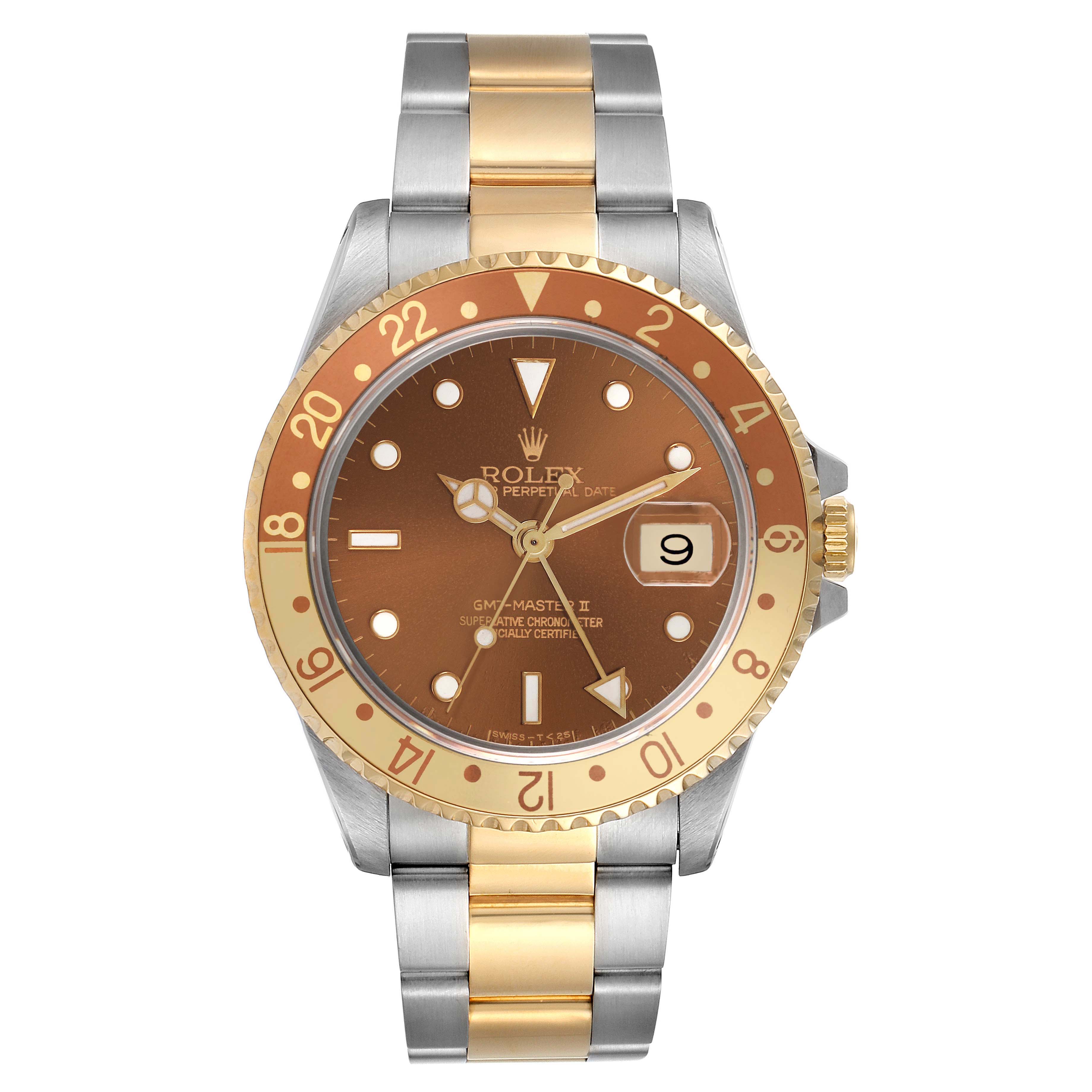 The image shows a front view of the Rolex GMT-Master 16713 Men
s Steel and Gold (two tone) Brown Dial 16713 Men
s Steel and Gold (two tone) Brown Dial with a two-tone bezel and bracelet, and visible date feature.