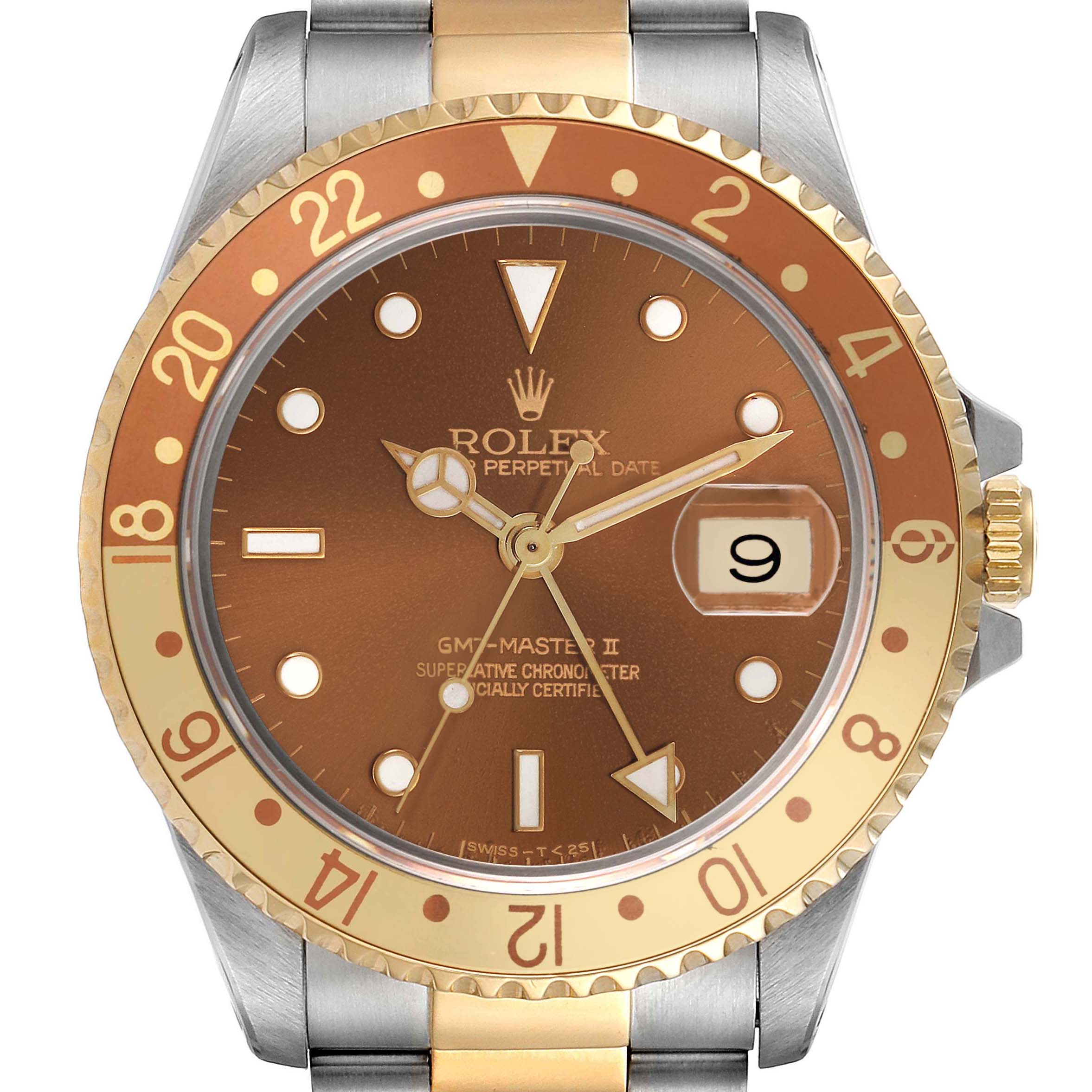 The Rolex GMT-Master 16713 Men
s Steel and Gold (two tone) Brown Dial 16713 Men
s Steel and Gold (two tone) Brown Dial watch is shown from a front angle, highlighting the bezel, dial, and part of the bracelet.