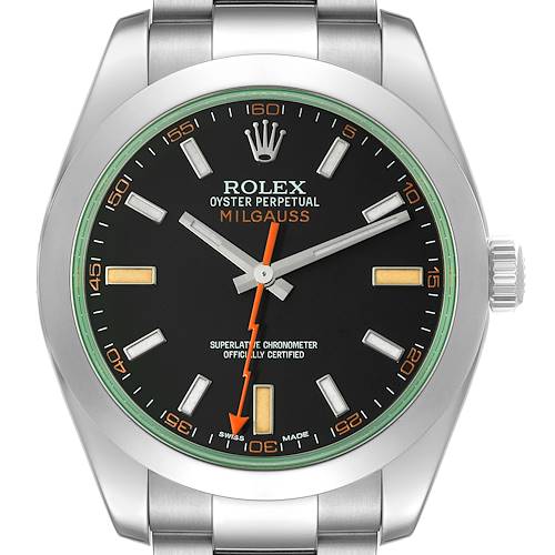 Photo of Rolex Milgauss Black Dial Green Crystal Steel Mens Watch 116400 Box Card