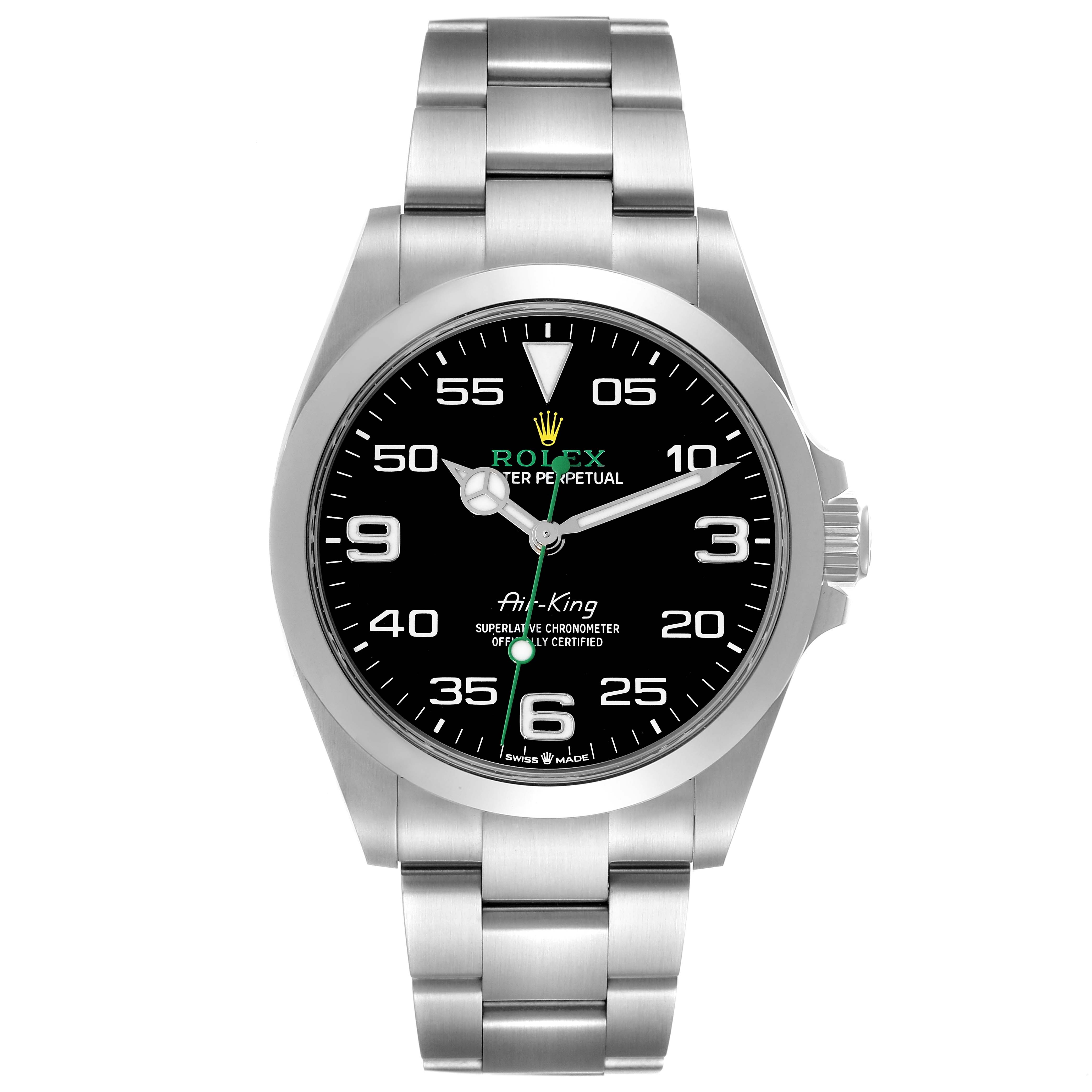 The Rolex Air-King 126900 Men's Stainless Steel Black Dial 126900 Men's Stainless Steel Black Dial watch is shown from a top-down angle, displaying the black dial, numerals, hands, and stainless steel bracelet.