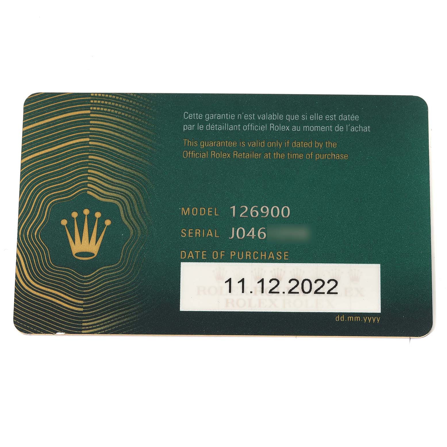This image shows a warranty card for the Rolex Air-King 126900 Men's Stainless Steel Black Dial 126900 Men's Stainless Steel Black Dial Model 126900, with the purchase date indicated as 11.12.2022.