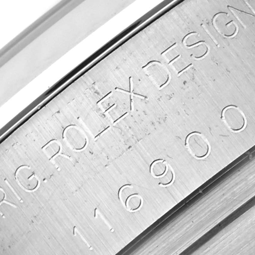 The close-up image shows the side engraving on the case of the Rolex Air-King 116900 Men's Stainless Steel Black Dial 116900 Men's Stainless Steel Black Dial model 116900.