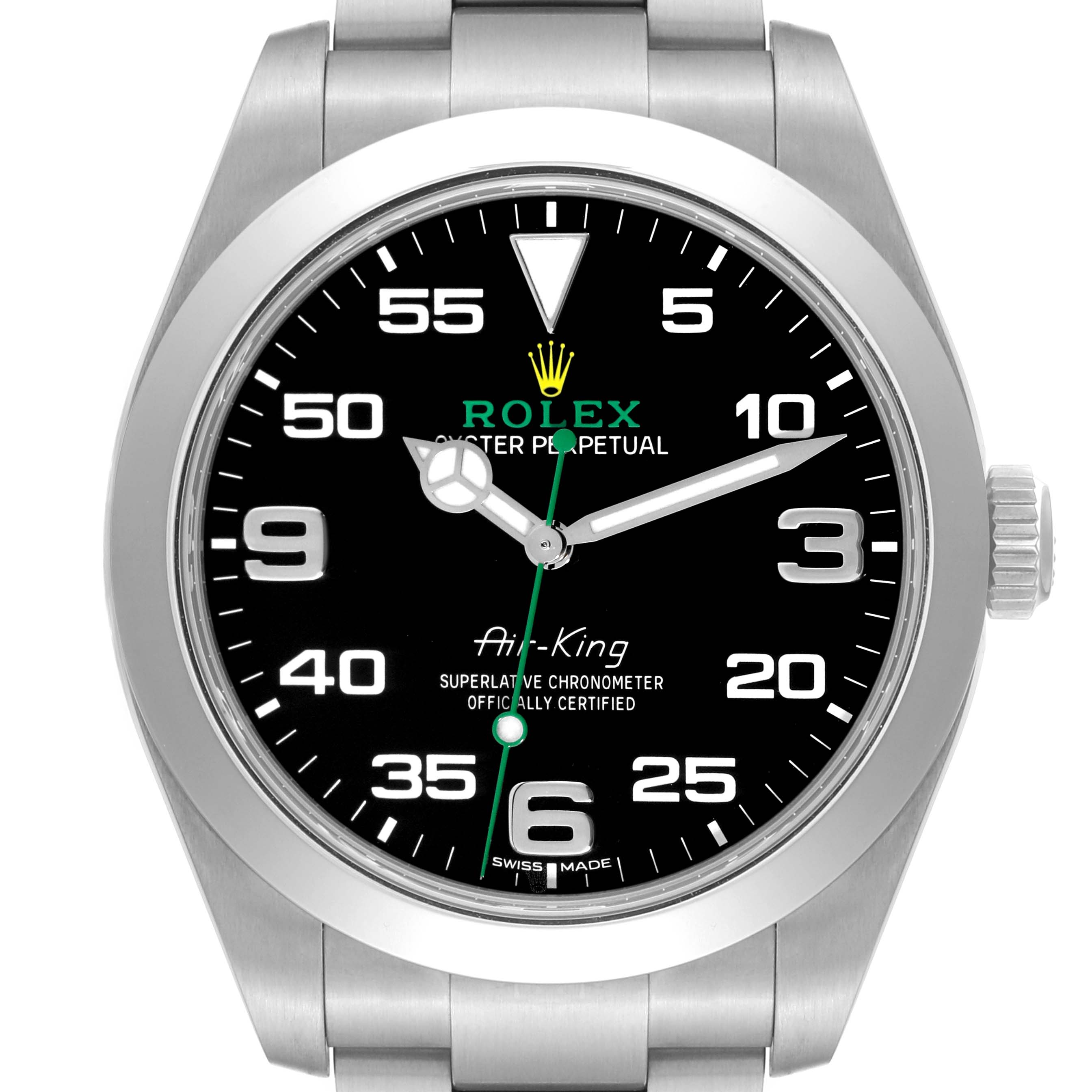The image shows a front view of a Rolex Air-King 116900 Men's Stainless Steel Black Dial 116900 Men's Stainless Steel Black Dial watch, displaying its face, hands, crown, and part of the bracelet.
