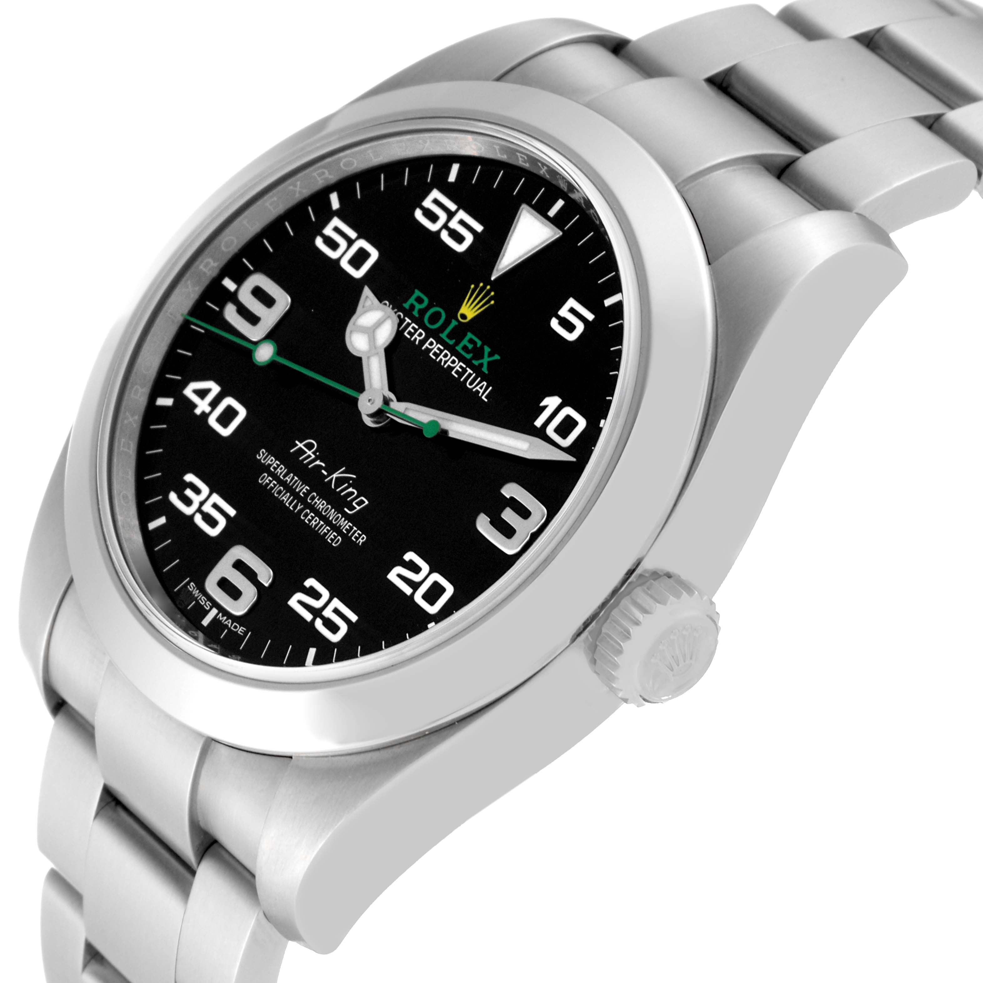 The image shows a side angle of the Rolex Air-King 116900 Men's Stainless Steel Black Dial 116900 Men's Stainless Steel Black Dial watch, highlighting its black dial, case, and part of the stainless steel bracelet.