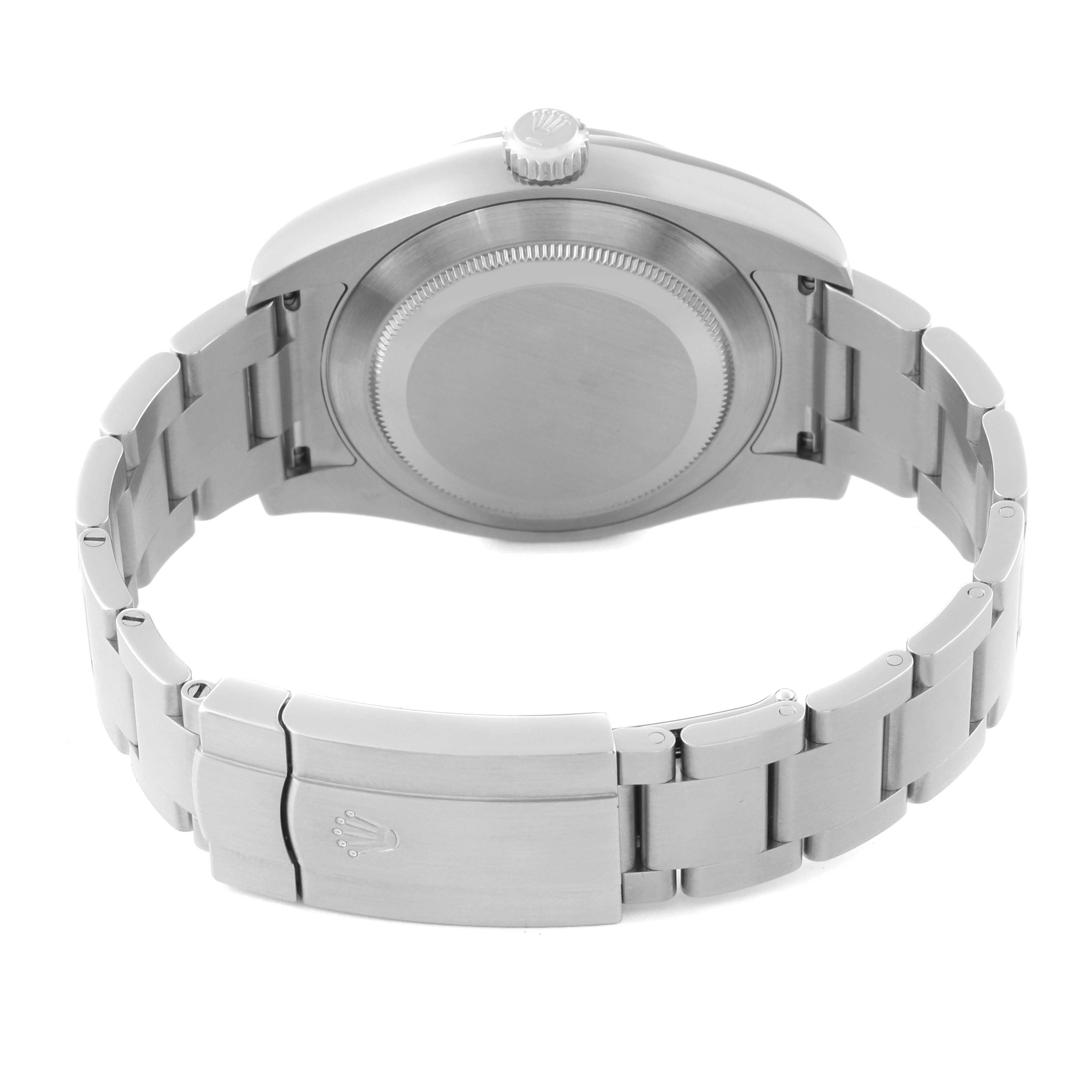 The image shows the back view of a Rolex Air-King 116900 Men's Stainless Steel Black Dial 116900 Men's Stainless Steel Black Dial, highlighting its case back, crown, and part of its bracelet with a clasp.