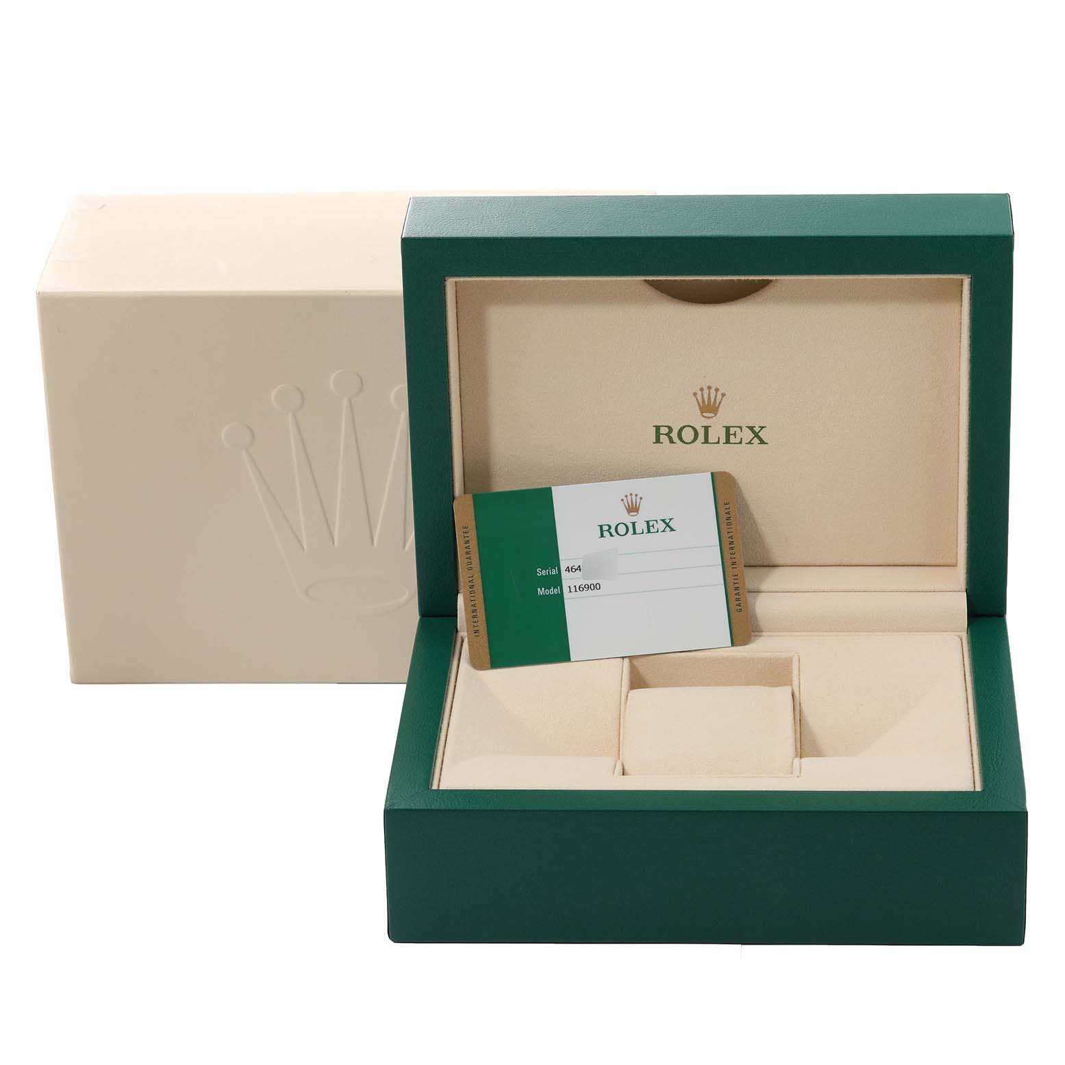 The image shows the packaging, inner box, and authenticity card for a Rolex Air-King 116900 Men's Stainless Steel Black Dial 116900 Men's Stainless Steel Black Dial model.