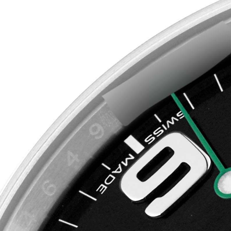 The image shows a close-up of the dial and bezel of a Rolex Air-King 116900 Men's Stainless Steel Black Dial 116900 Men's Stainless Steel Black Dial watch, focusing on the number "9" and "Swiss Made" text.