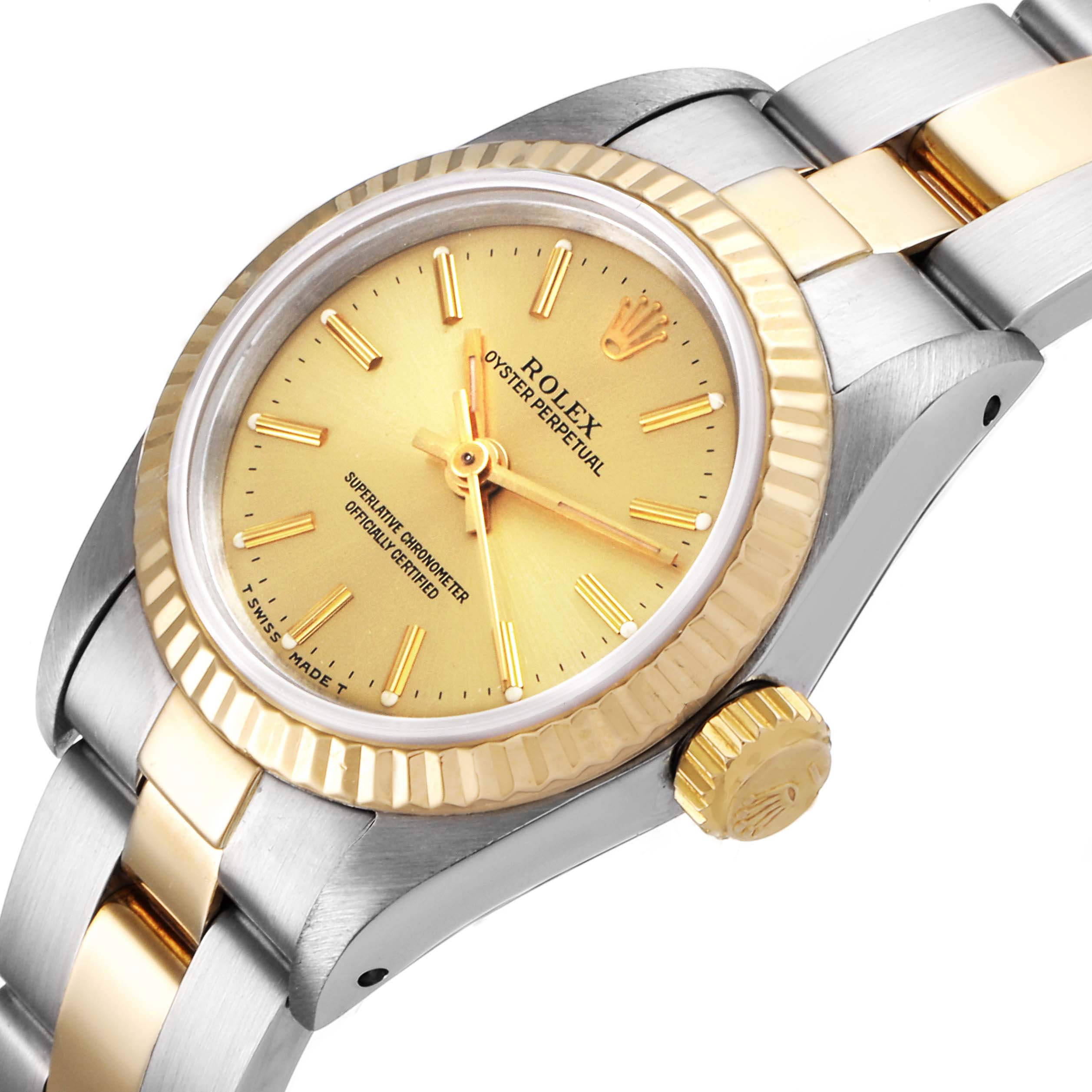 The image shows a close-up side view of a Rolex Oyster Perpetual 67193 Women
s Steel and Gold (two tone) Champagne Dial 67193 Women
s Steel and Gold (two tone) Champagne Dial watch, highlighting the dial, bezel, crown, and bracelet.