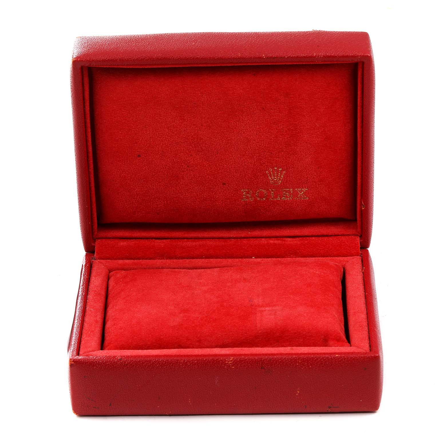 This image shows a red Rolex watch case for the Oyster Perpetual model, with the logo inside.