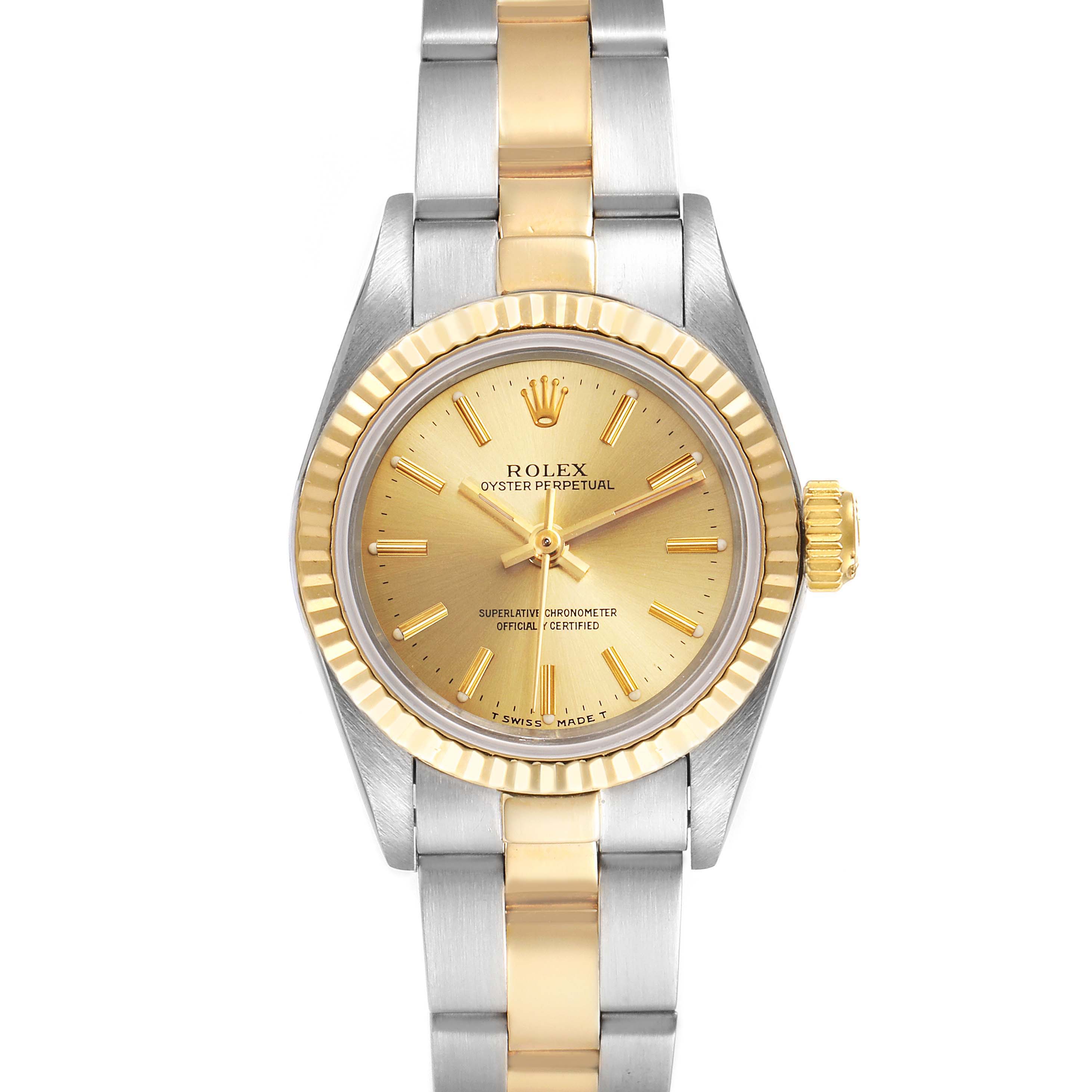 This image shows a front view of a Rolex Oyster Perpetual 67193 Women
s Steel and Gold (two tone) Champagne Dial 67193 Women
s Steel and Gold (two tone) Champagne Dial watch with a two-tone stainless steel and gold bracelet.