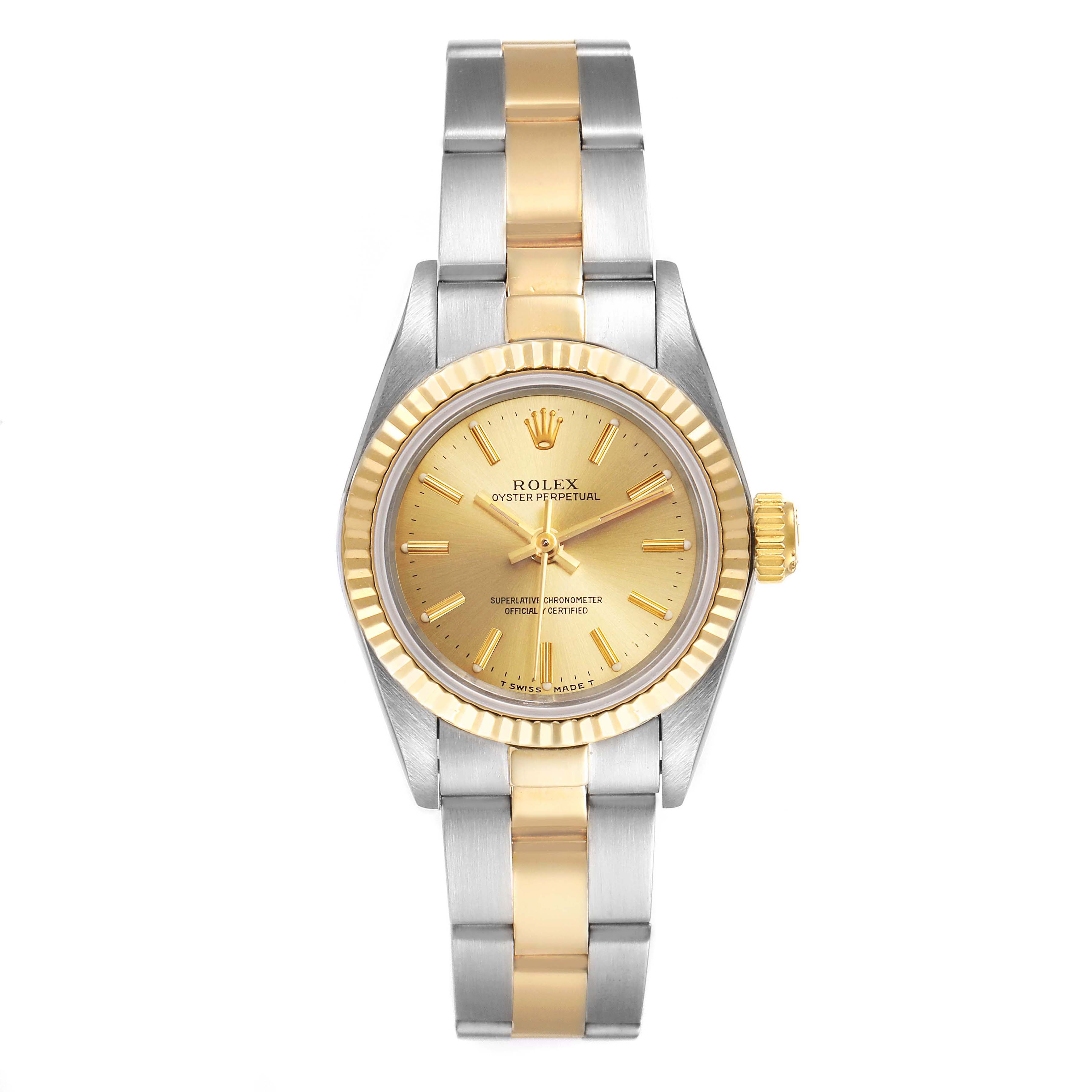 The image shows a front view of the Rolex Oyster Perpetual 67193 Women
s Steel and Gold (two tone) Champagne Dial 67193 Women
s Steel and Gold (two tone) Champagne Dial watch featuring a gold and silver two-tone design.