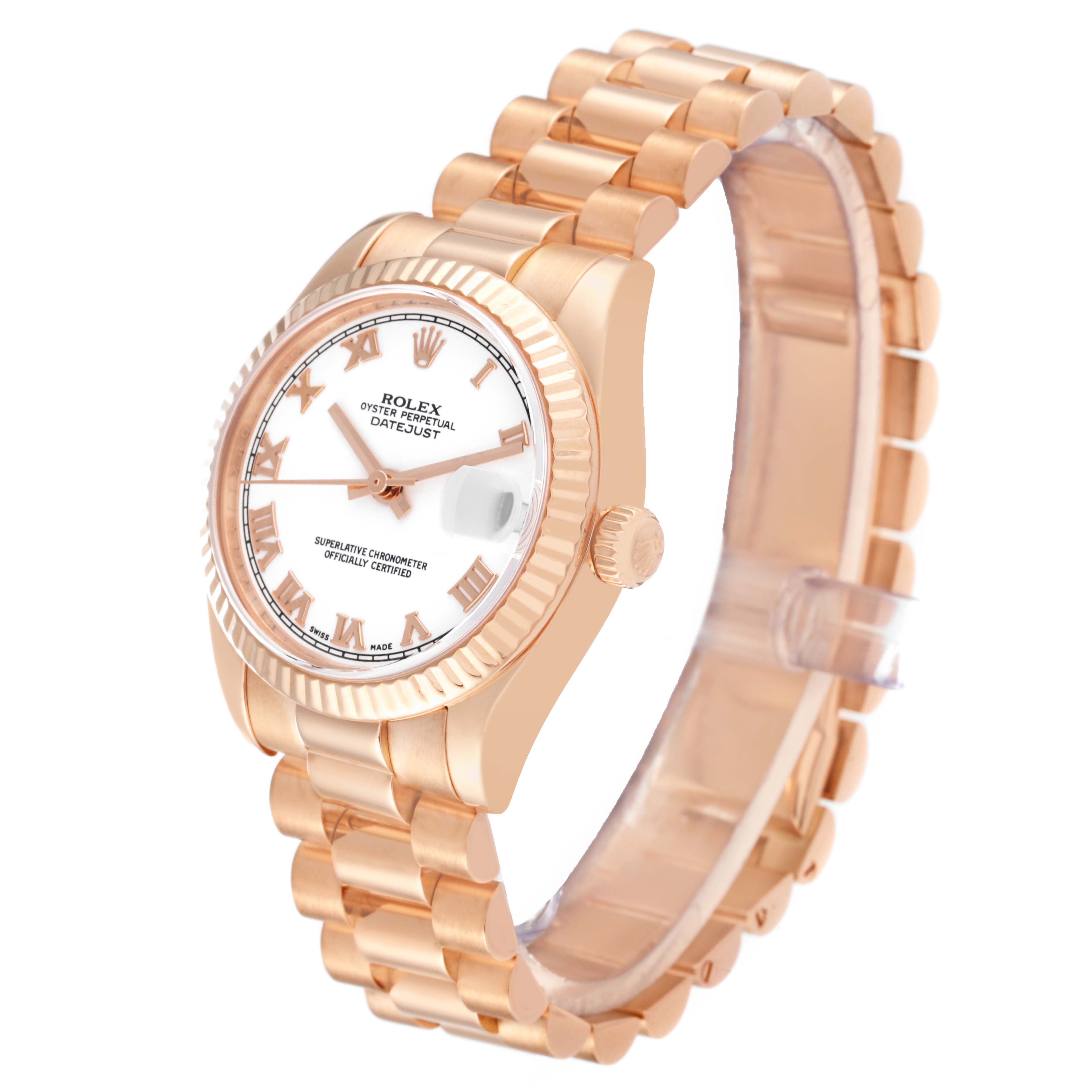The Rolex President 178275 Women
s Rose Gold White Dial 178275 Women
s Rose Gold White Dial model is shown at a three-quarter angle, highlighting the dial, fluted bezel, and bracelet.