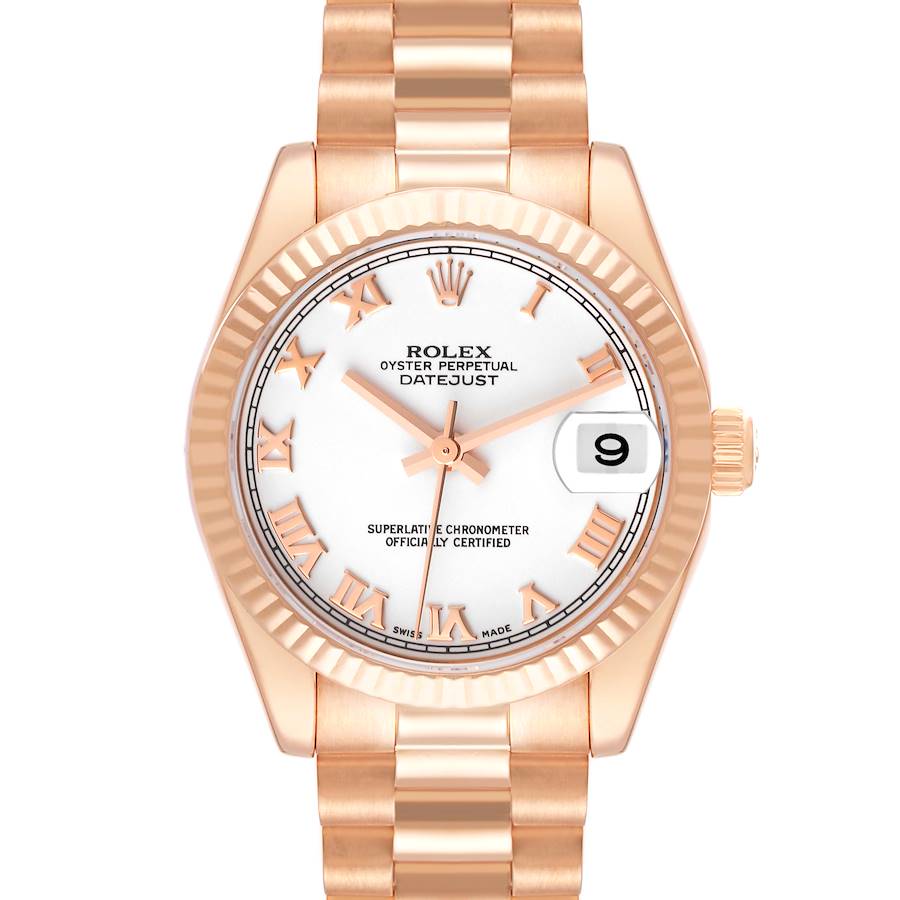 The image shows a frontal view of a Rolex President model watch, highlighting the dial, bezel, crown, and bracelet.