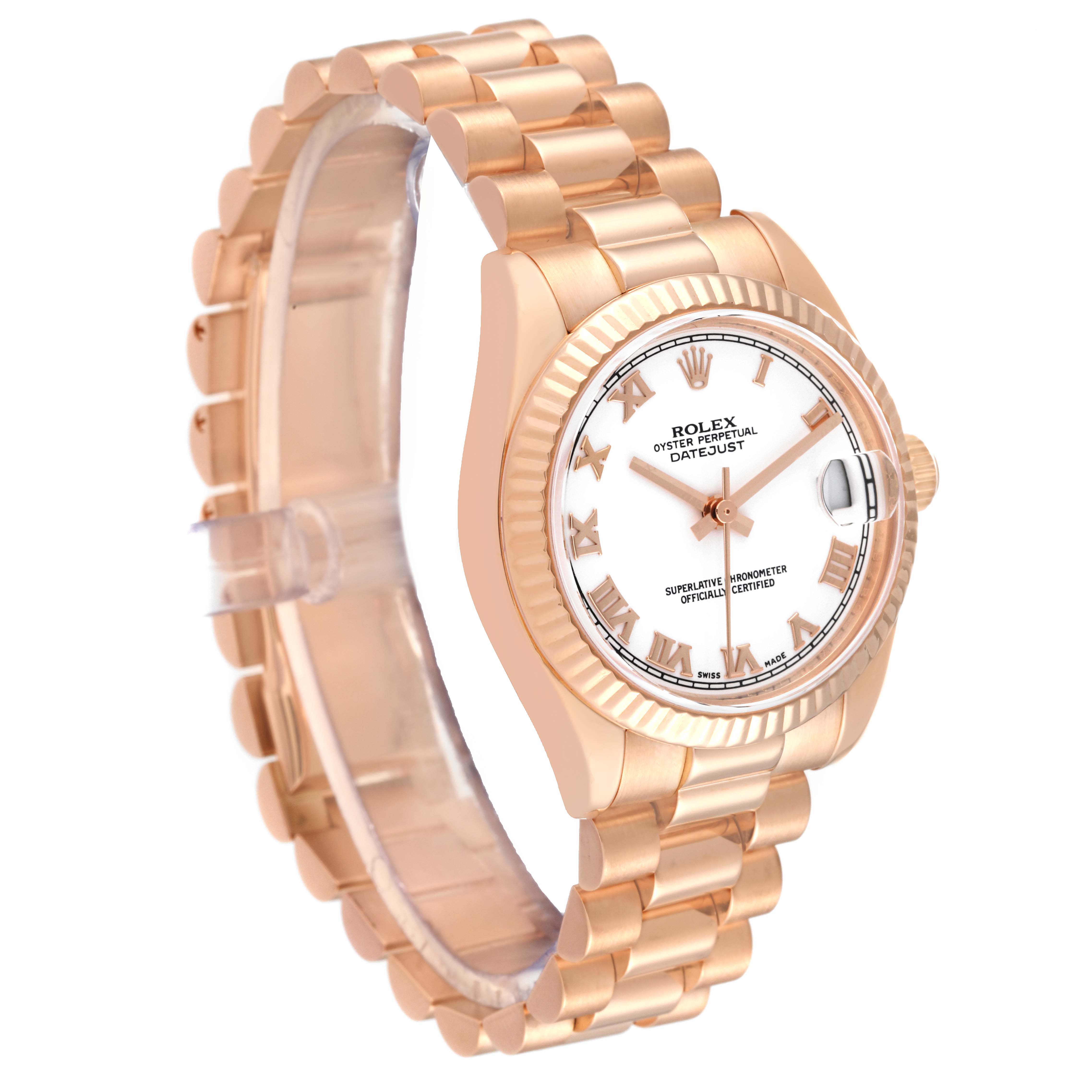 The Rolex President 178275 Women
s Rose Gold White Dial 178275 Women
s Rose Gold White Dial model is shown at a slight angle, featuring the bracelet, bezel, dial, and crown.