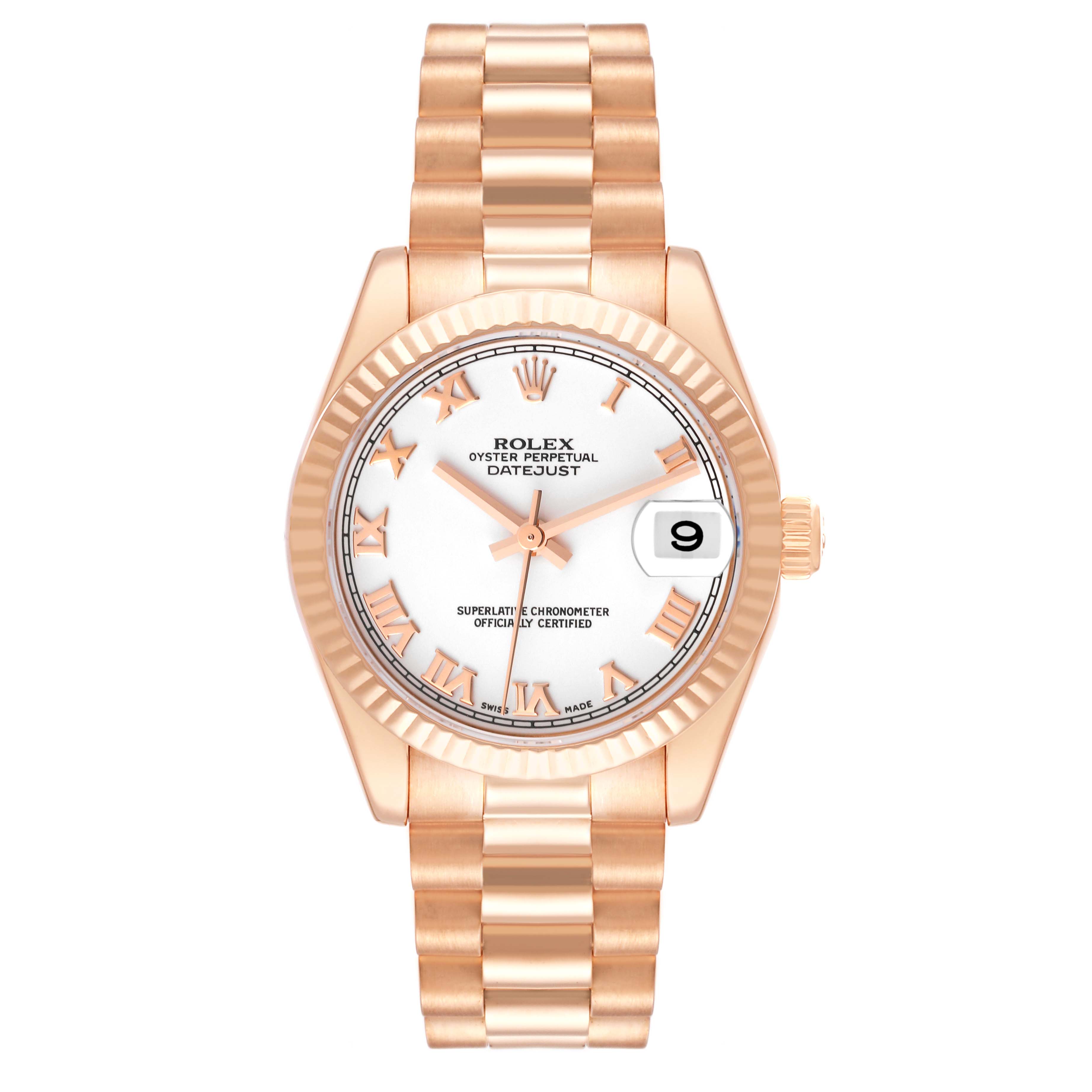 The Rolex President 178275 Women
s Rose Gold White Dial 178275 Women
s Rose Gold White Dial model is shown from a top-down angle, displaying its face, hands, date feature, and bracelet.