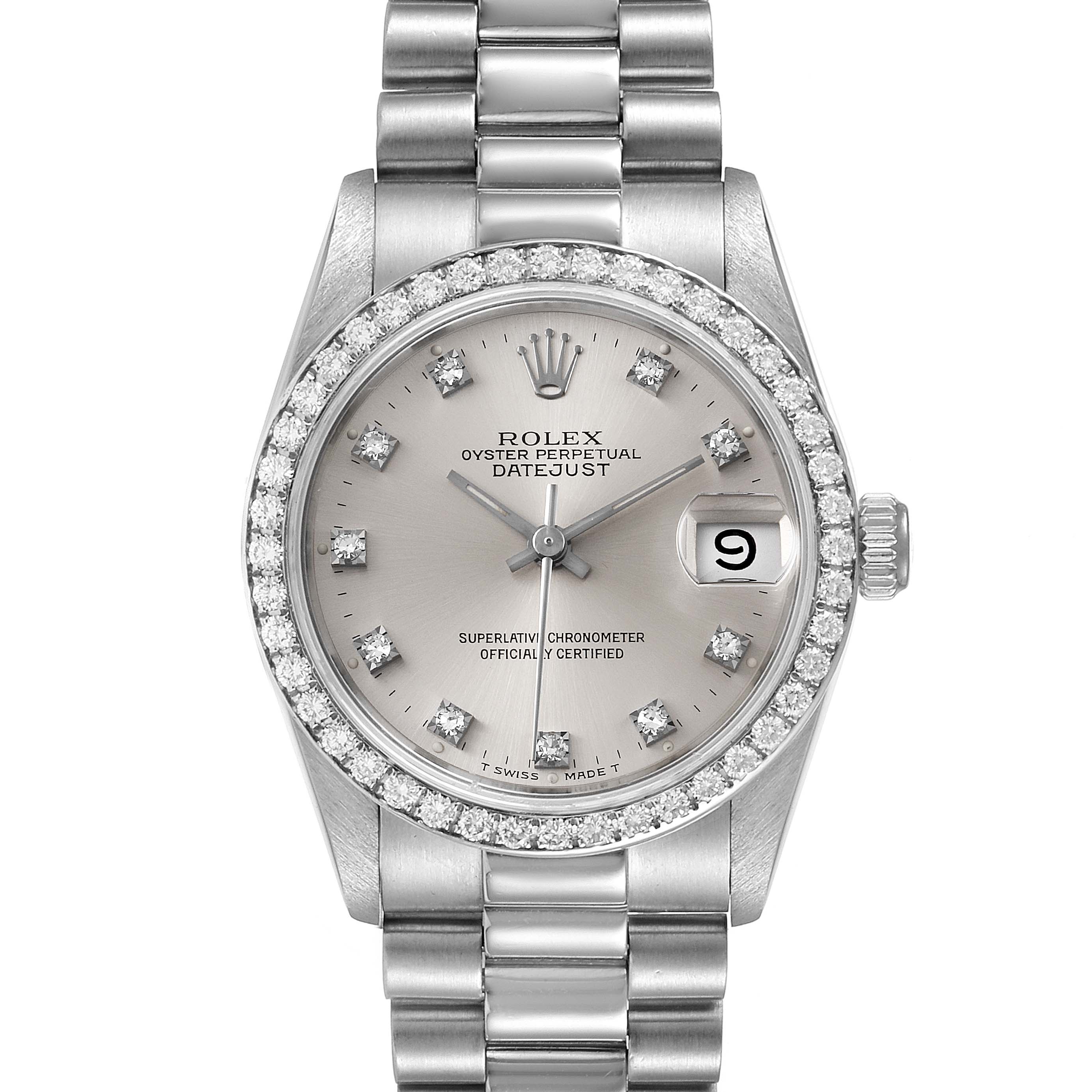 This image shows a Rolex President 68286 Women's White Gold Silver Dial 68286 Women's White Gold Silver Dial model watch from an overhead angle highlighting the face, bezel, and bracelet.